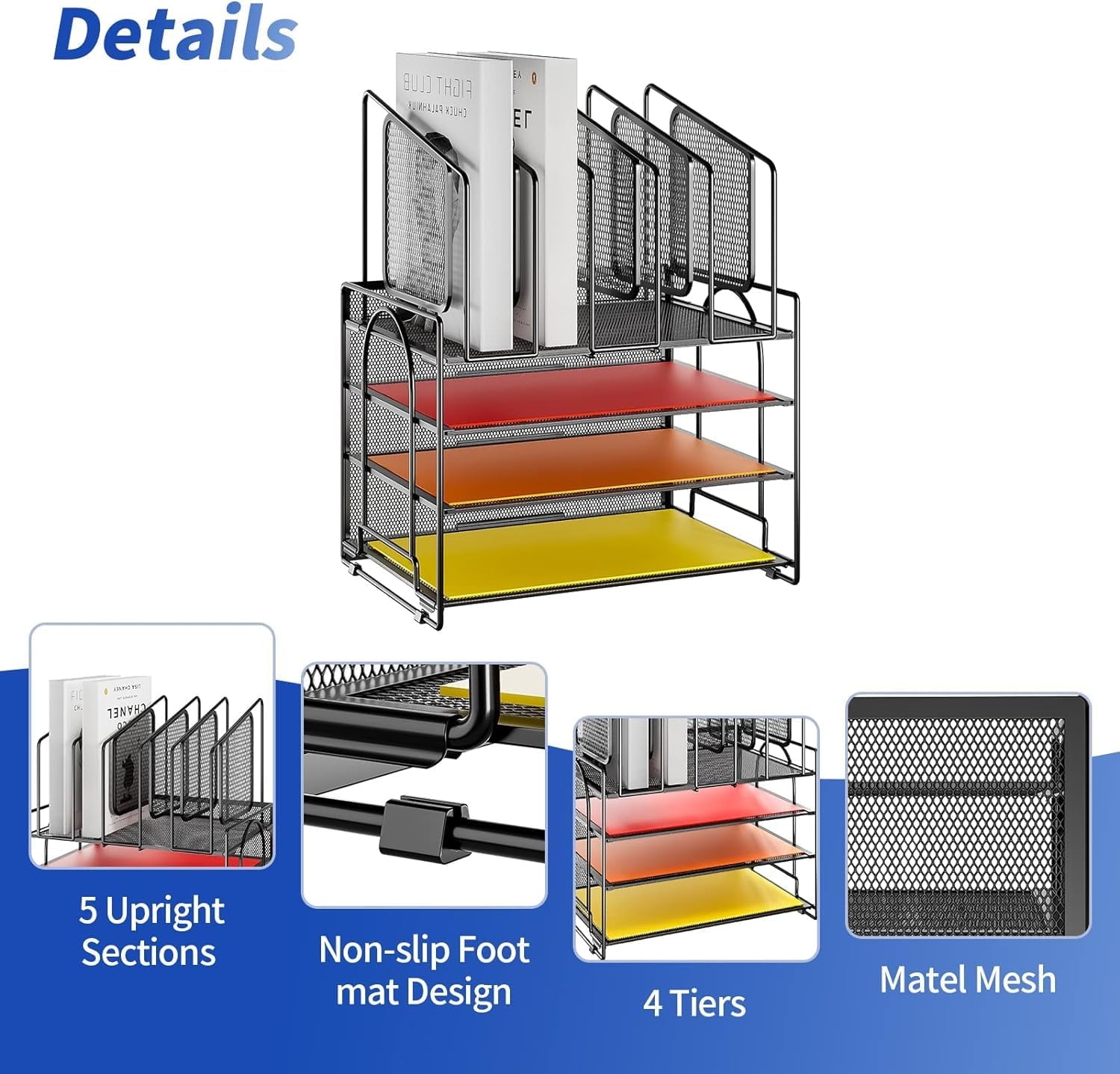 4-Tier Desk File Organizer,5 Vertical File Holder and Handle for Home Office (New Vertical Holder-Black) - Image 3