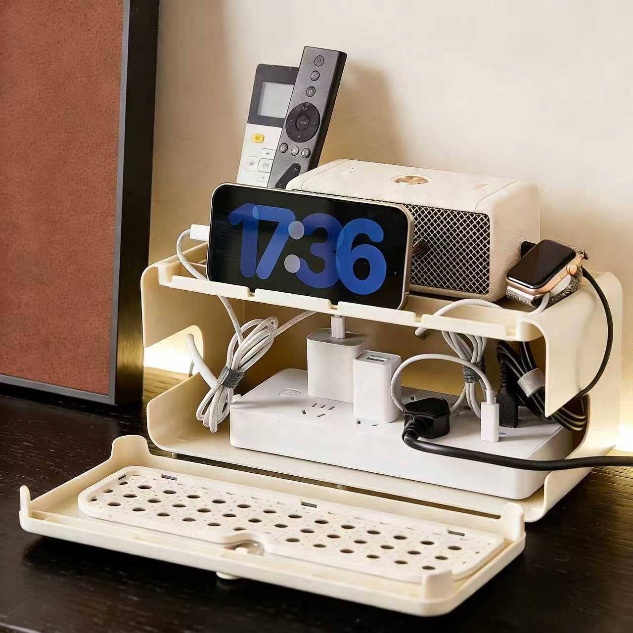 Boho Rattan Cable Management Box with Charging Station, WiFi Router Organizer Box for Desk & Nightstand, Cord Organizer to Hide Wires - Image 4