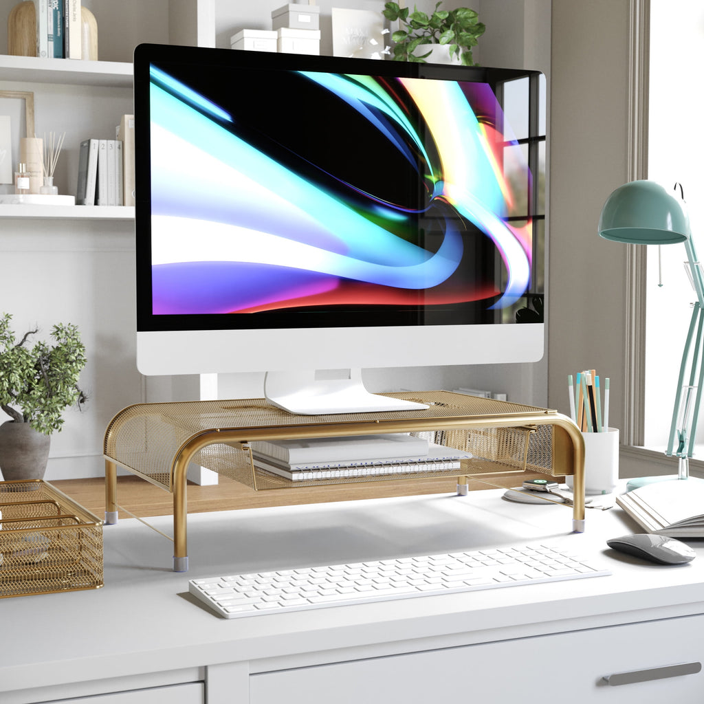 Ryder Gold Mesh Metal Desktop Monitor Stand Riser with Organizer Drawer and Side Storage - Image 2