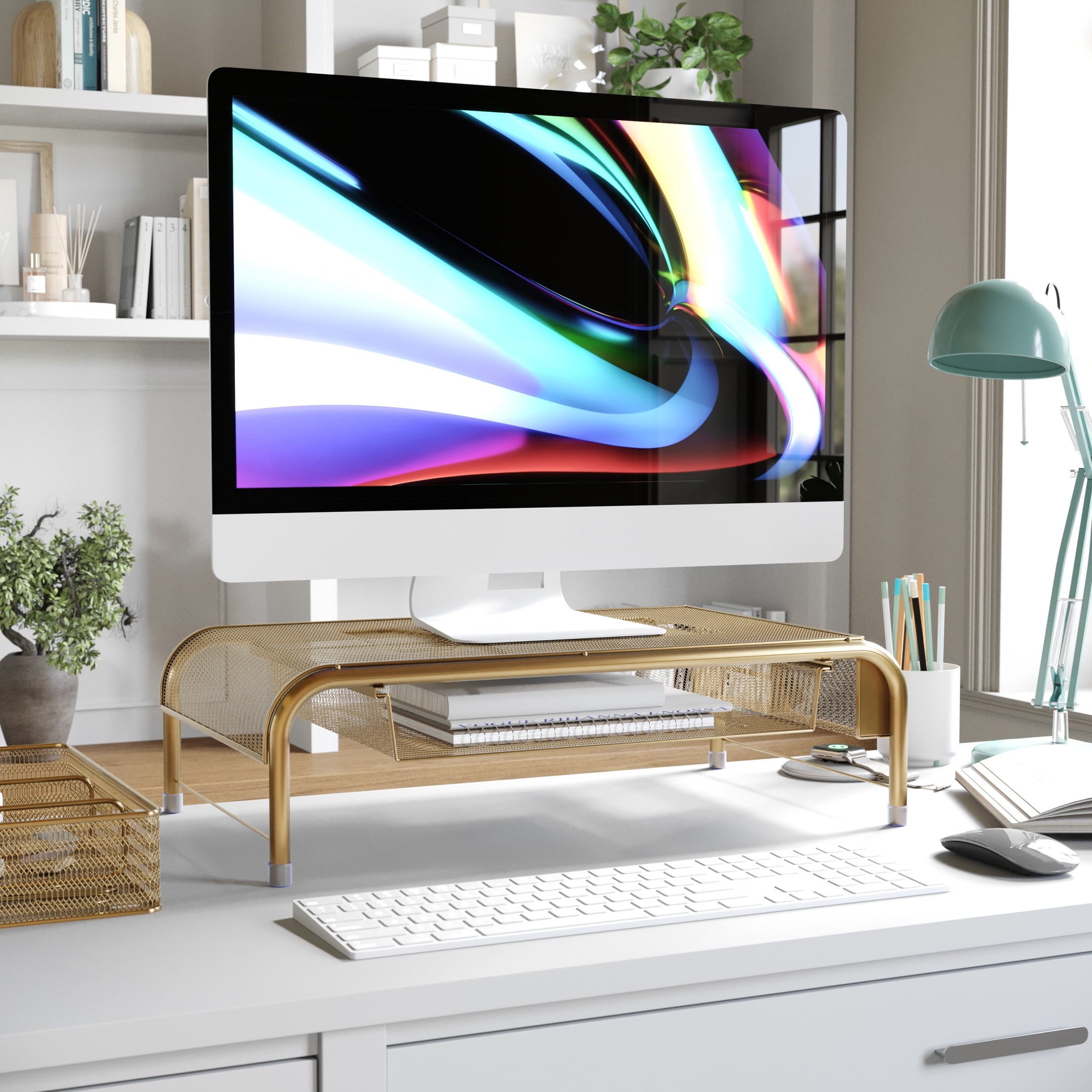 Ryder Gold Mesh Metal Desktop Monitor Stand Riser with Organizer Drawer and Side Storage - Image 2