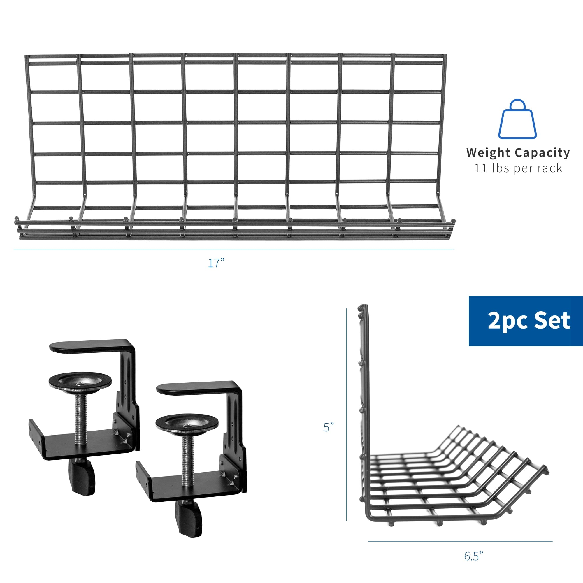 Black Clamp-on Dual Under Desk Cable Management Tray Organizers (2 Pack) - Image 5