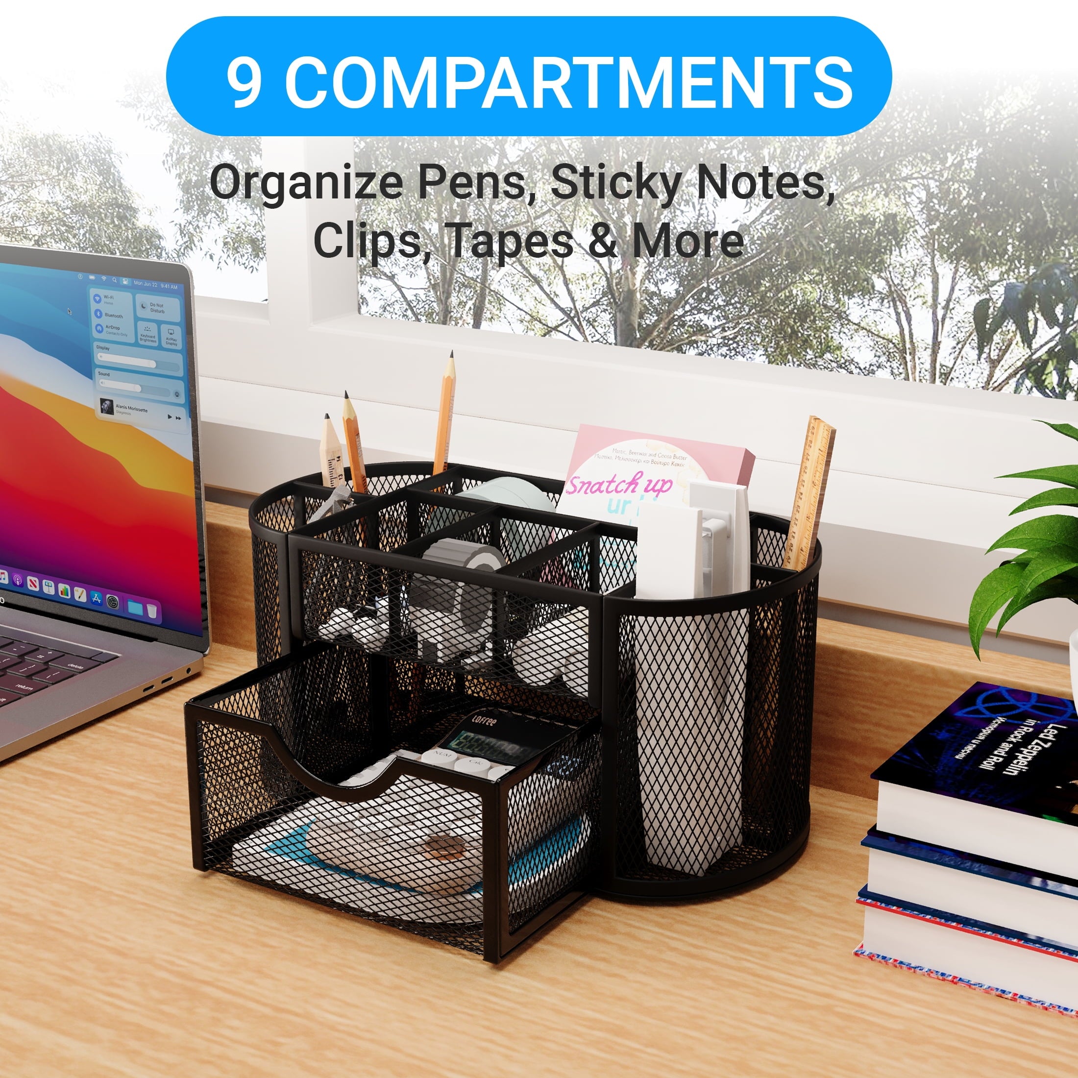 Pen Holder with Drawers Pencil Holder for Mesh Office Supply and Storage, Black - Image 4