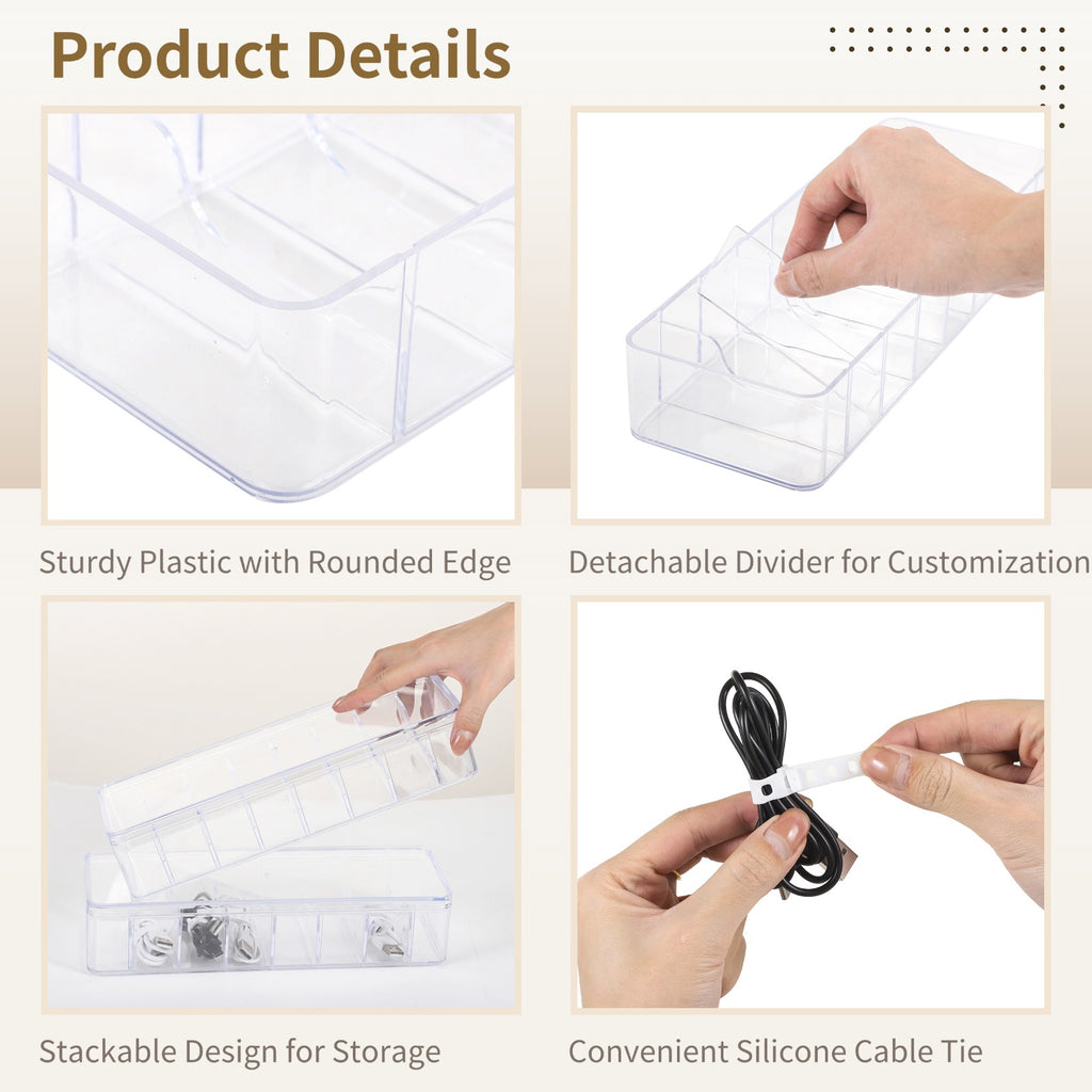 3 Pcs Cable Storage Organizers, Clear Cord Organizer Boxes with Lids & Detachable Dividers, Cable Storage Boxes with 10 Cable Ties, Transpar - Image 3