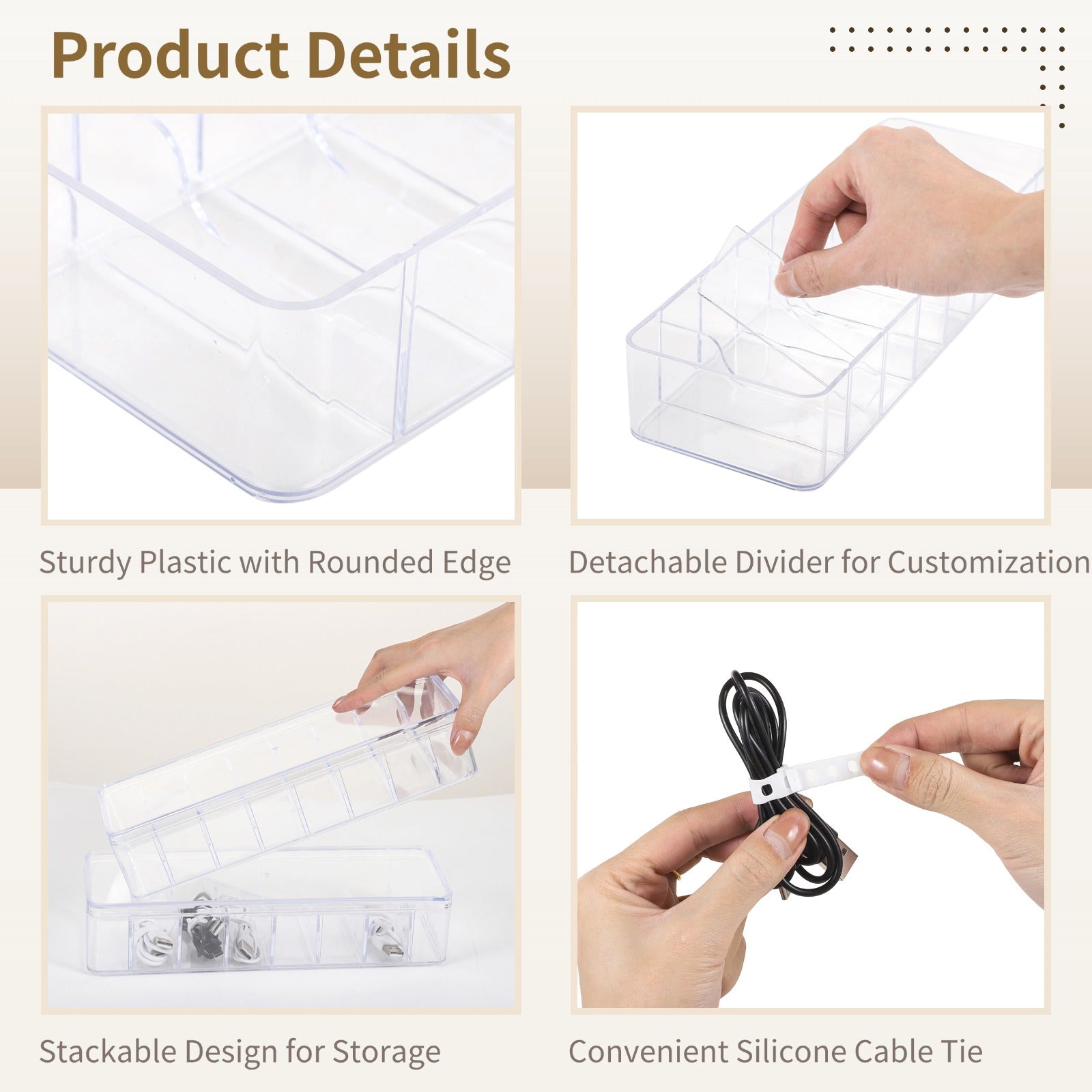 3 Pcs Cable Storage Organizers, Clear Cord Organizer Boxes with Lids & Detachable Dividers, Cable Storage Boxes with 10 Cable Ties, Transpar - Image 3