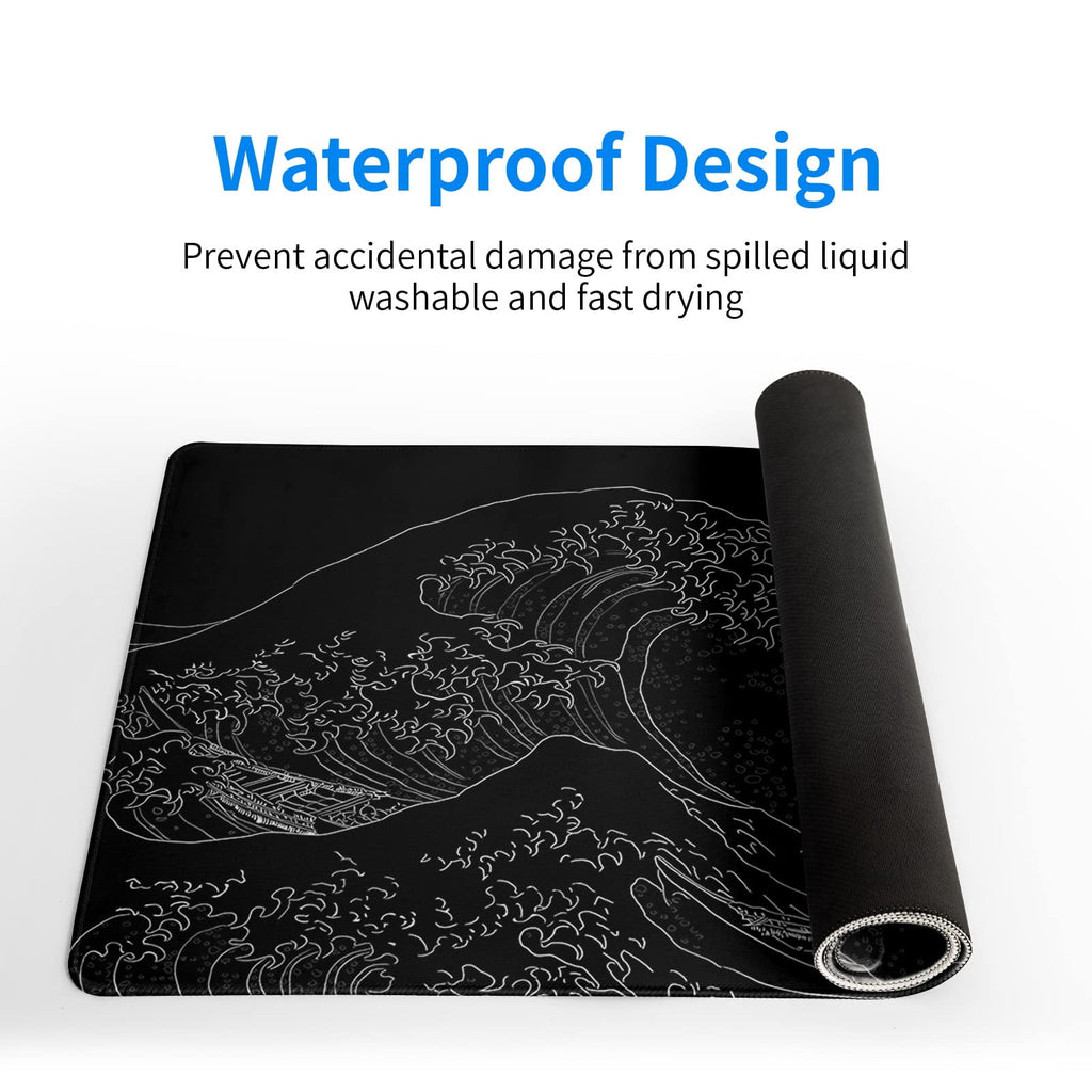 Large Japanese Sea Wave Mouse Pad, 31.5 x 11.8 Inch Extended Anime Gaming Desk Pad, Black Kanagawa Mat with Non-Slip ... - Image 4