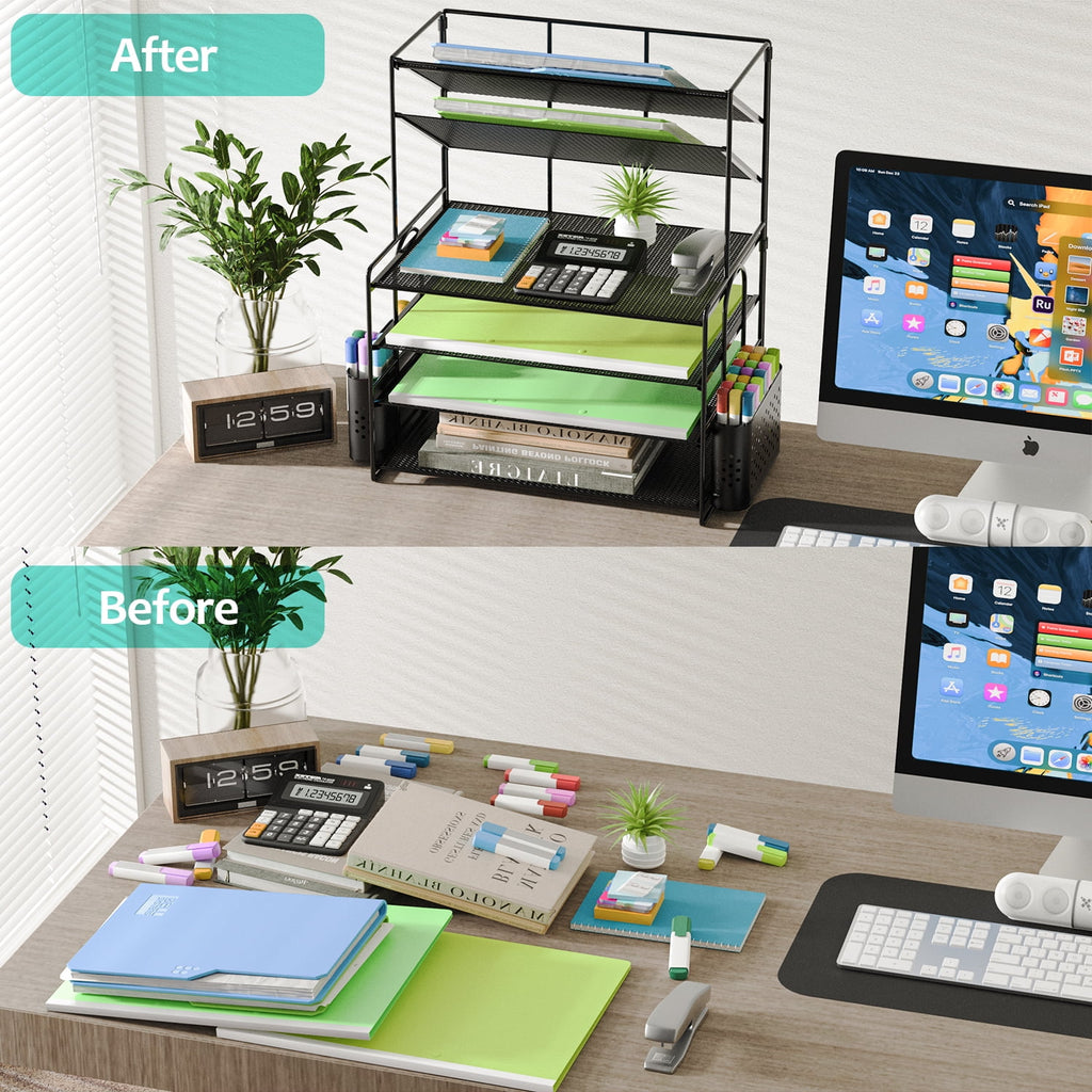 6 Tier Metal Desk File Organizer, Letter Tray Paper Organizer with Pen Holder, Black Desk Organizer - Image 4