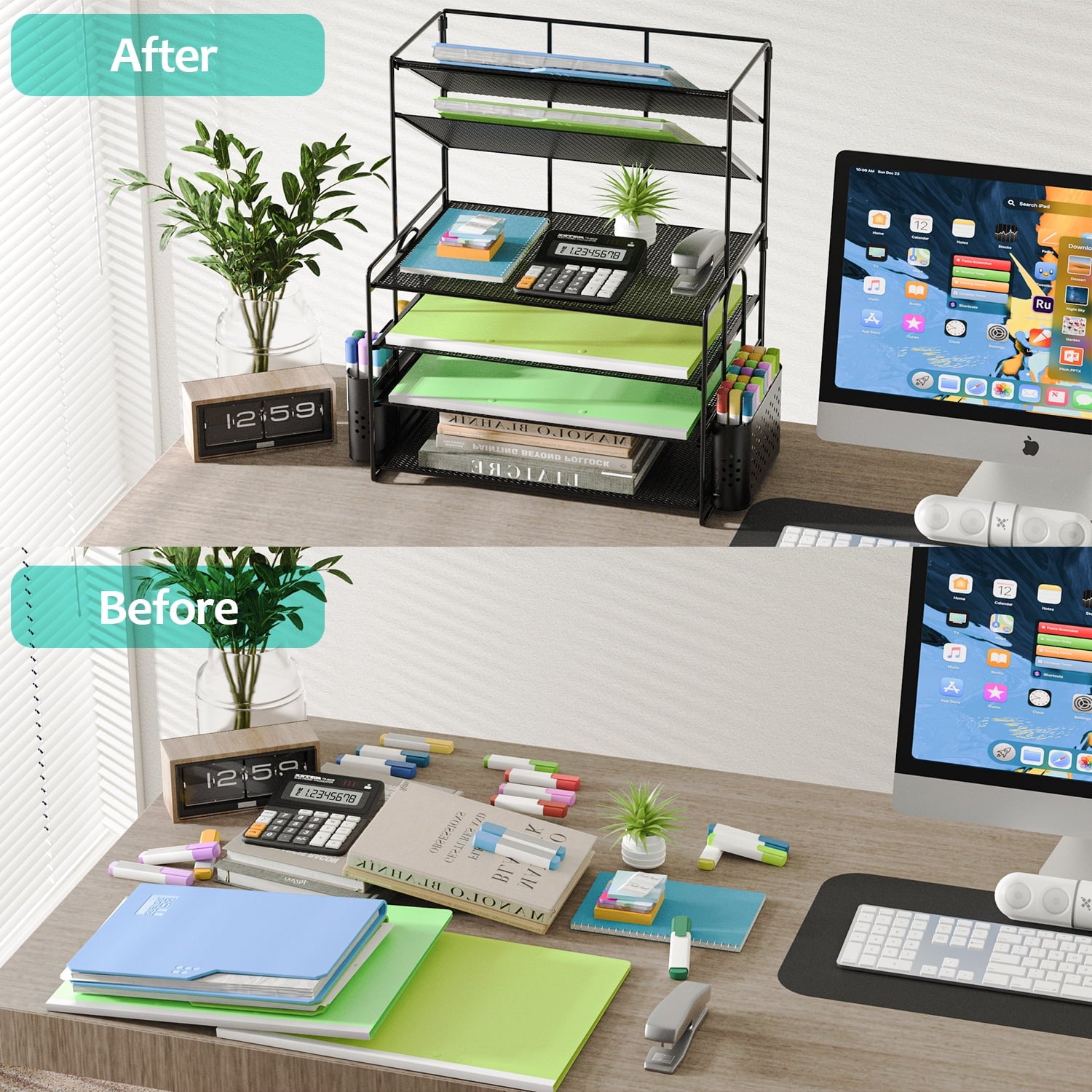 6 Tier Metal Desk File Organizer, Letter Tray Paper Organizer with Pen Holder, Black Desk Organizer - Image 4