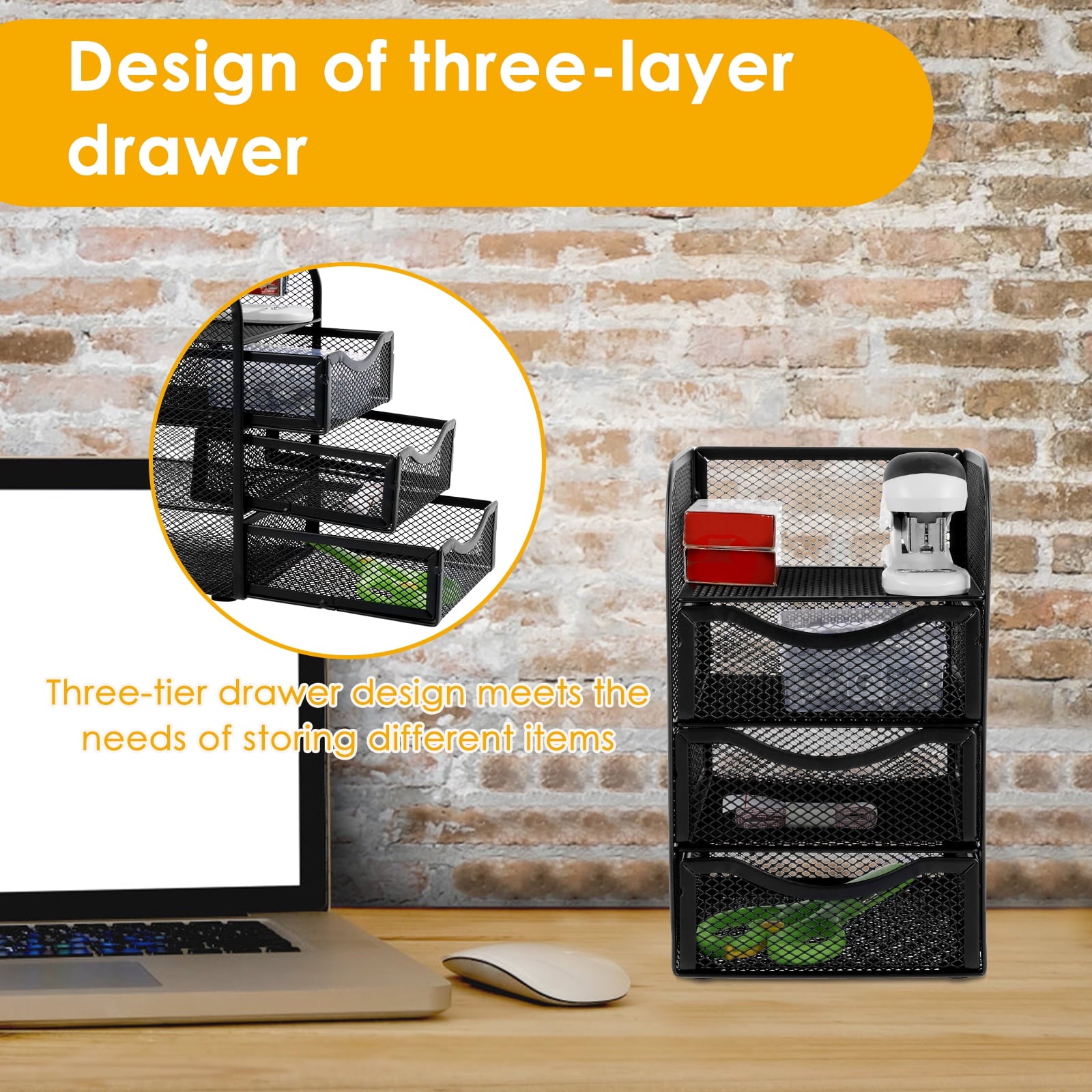  Mesh Desk Organizer with 3 Drawer Mesh Desk Storage Rack Mesh Desk Caddy for Home Office - Image 6