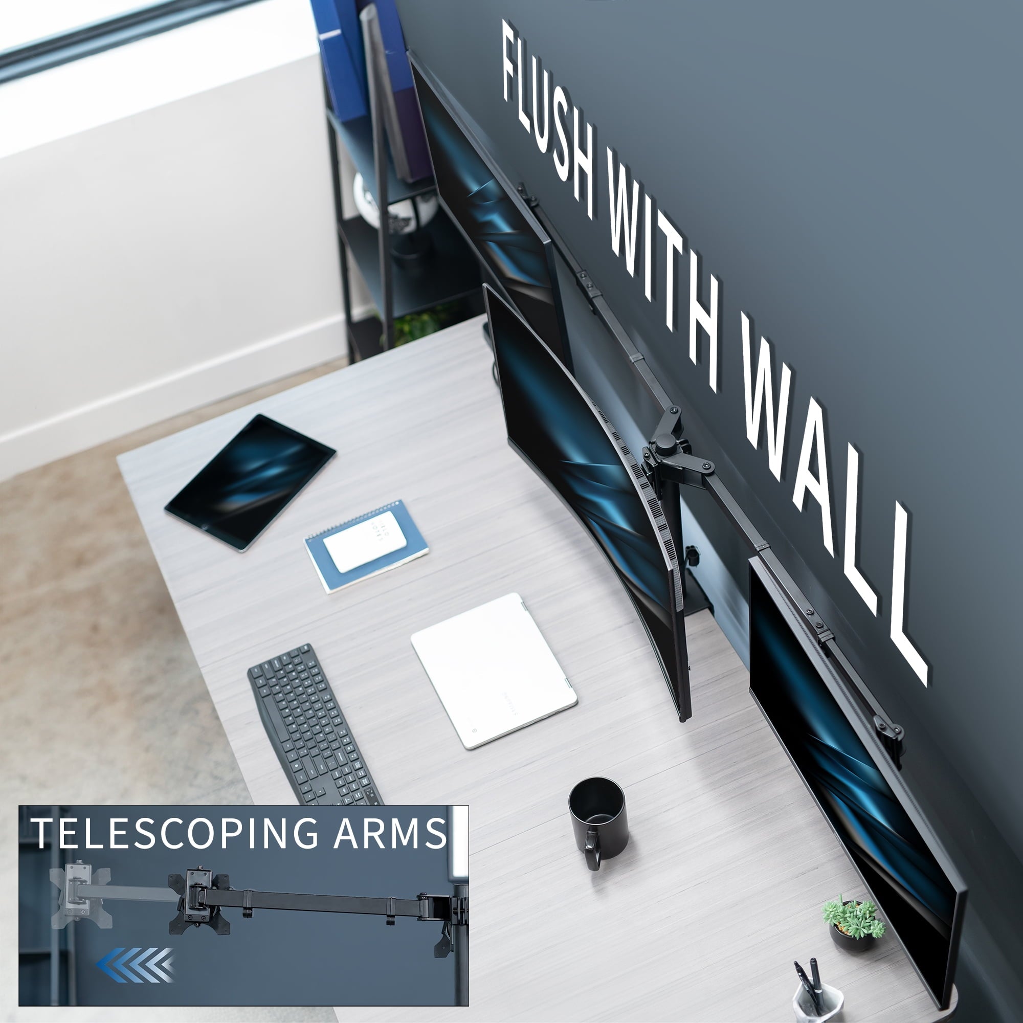 Telescoping Triple Computer Monitor Desk Mount, Heavy Duty Stand - Image 4