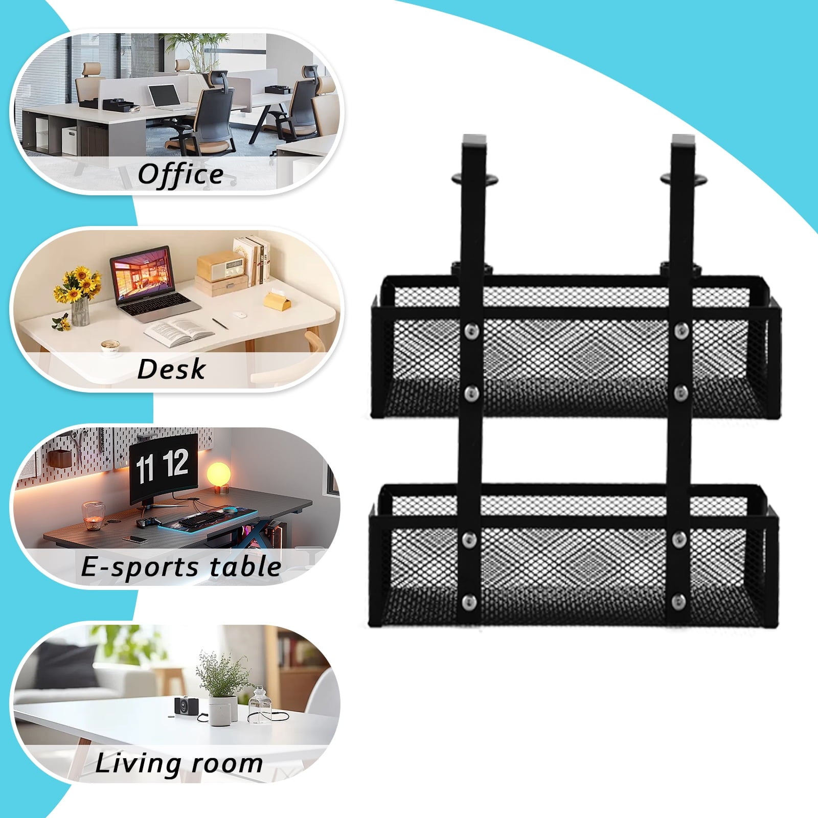 FT Hita 2 Layer Under Desk Cable Management Trays Black No Drill Cable Management Box With Clamp Cord Organizer for Office, Home,Gaming Desk - Image 4