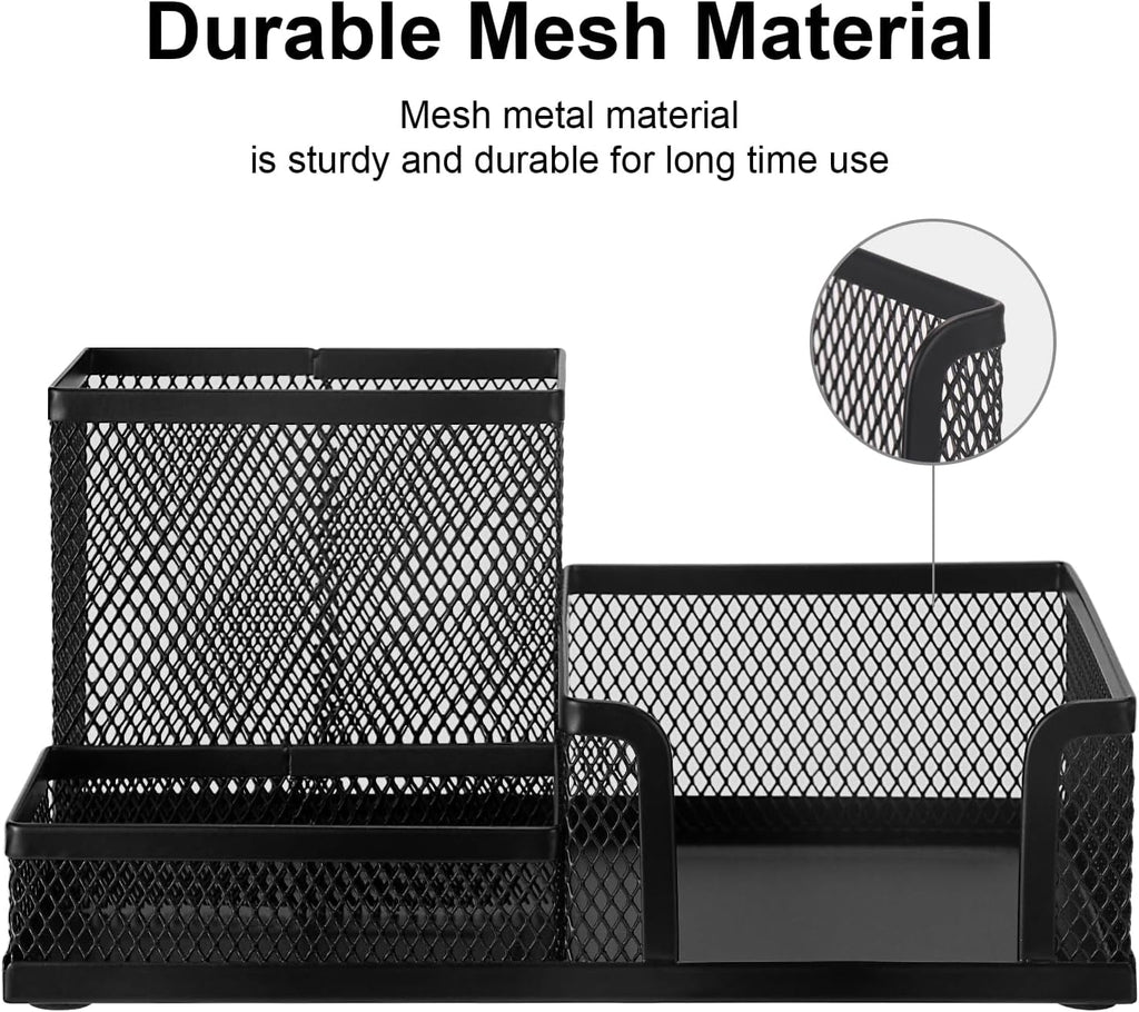 Black Mesh Pen Holder Desk Organizer, Office Supplies Pencil Storage with 3 Compartments - Image 4