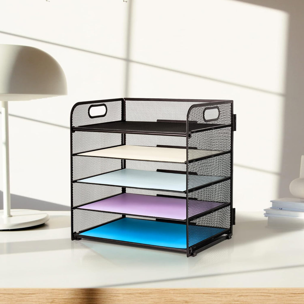 5 Paper Organizer with Handle - Mesh Desk File/Letter Organizer,Black Paper Sorter for Office, Home - Image 2
