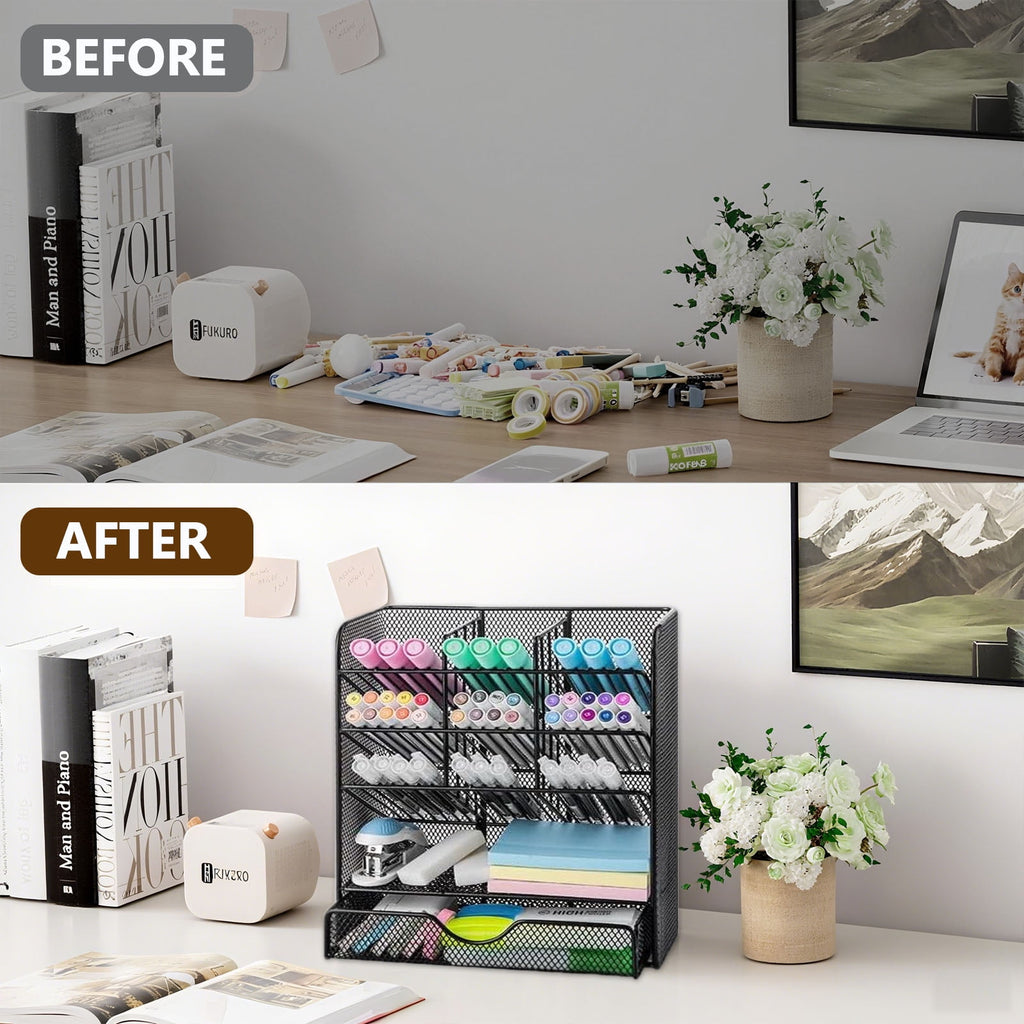 Metal Pen Organizer, Pencil Holder for Desk, Office Desktop Organizer with Drawer - Image 3