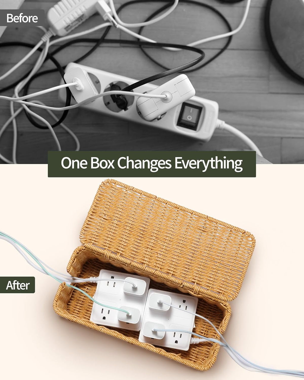 Cable Management Box, Handwoven Rattan Style Cord Organizer Box for Power Strips - Image 5