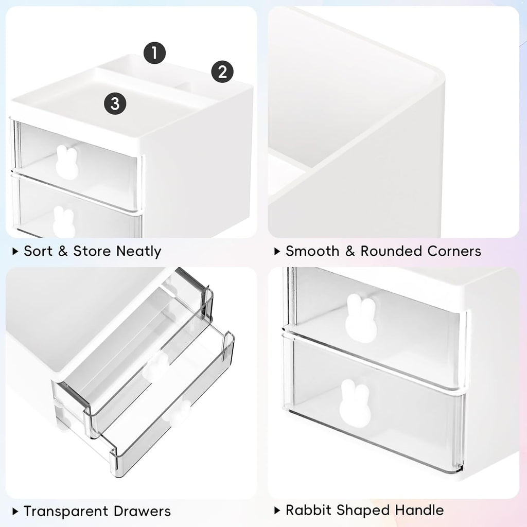 INTIGE Desk Organizer with 2 Drawers, Multi-Functional Pencil Pen Holder for Desk Storage with 3 Compartments, Mini Cute Desk Accessories - Image 3