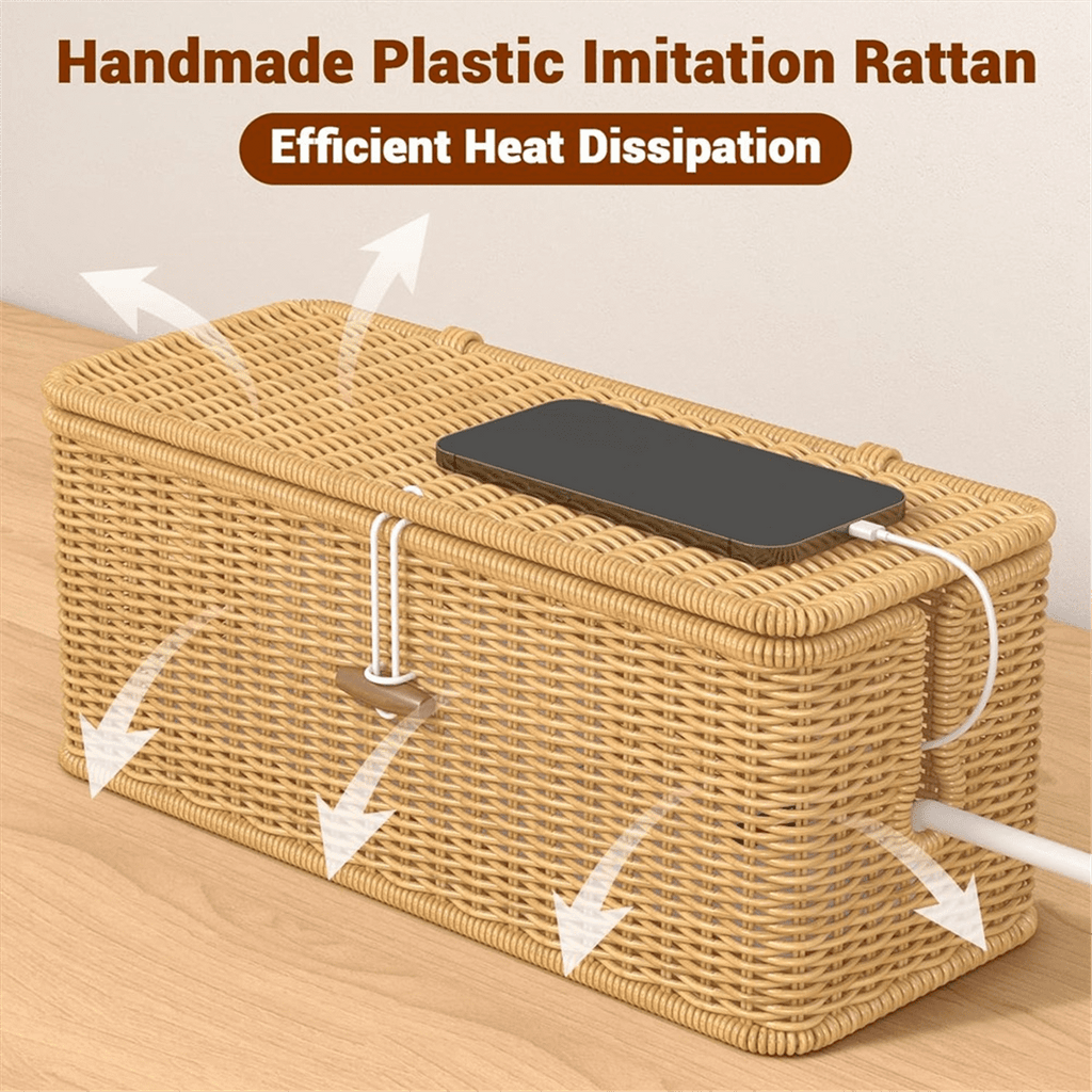Cable Management Box, Power Strip Organizer with Locked Cover,Handmade Rattan Cords Hider,Cord - Image 4