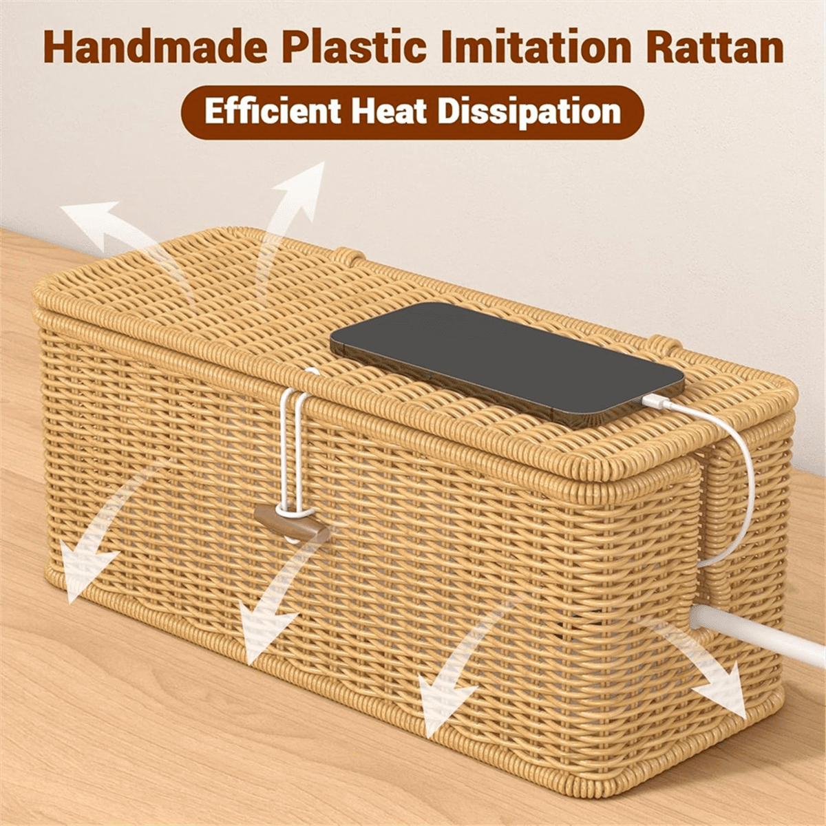 Cable Management Box, Power Strip Organizer with Locked Cover,Handmade Rattan Cords Hider,Cord - Image 4