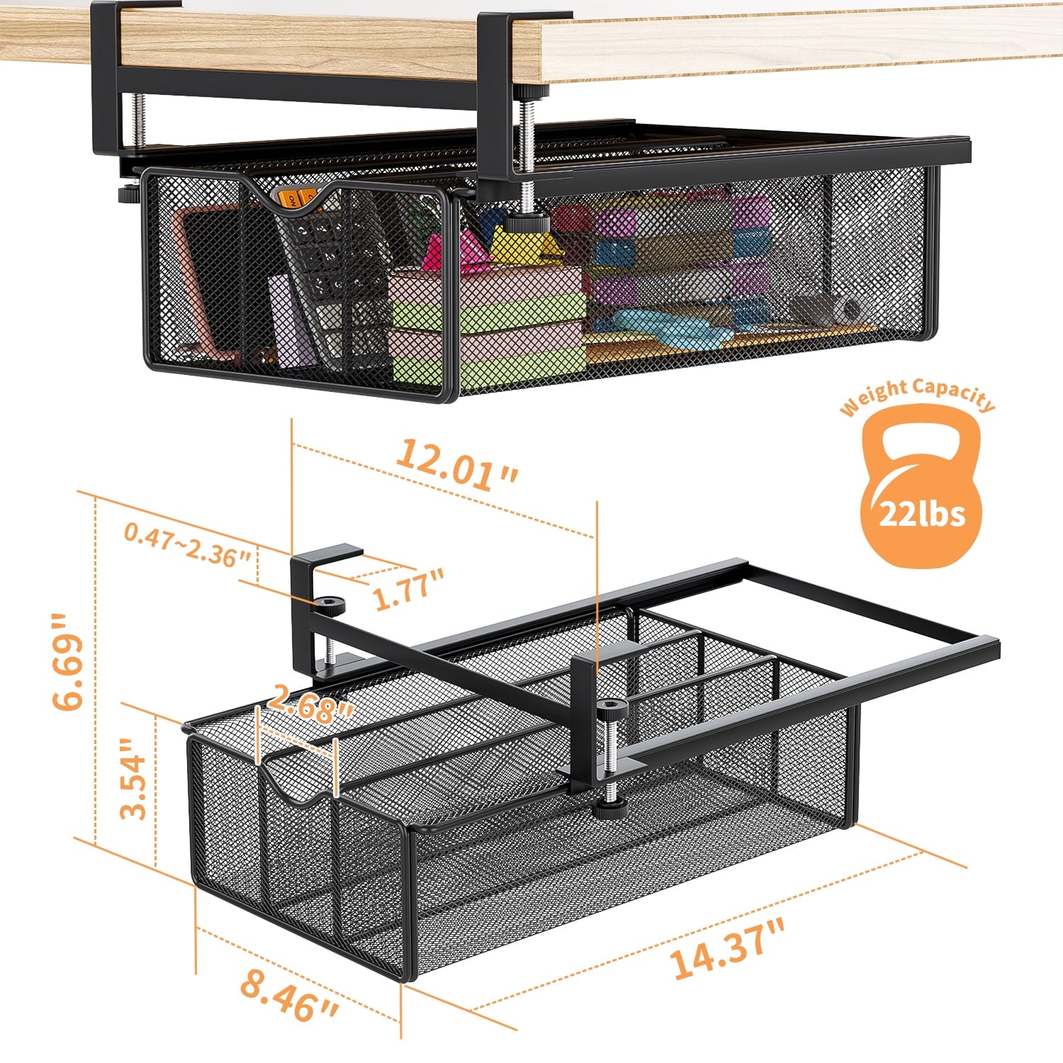 Under Desk Drawer Clamp-On Mesh Metal Under Table Storage Organizer Slide Out Caddy with 3 Compartments for Home & Of... - Image 5