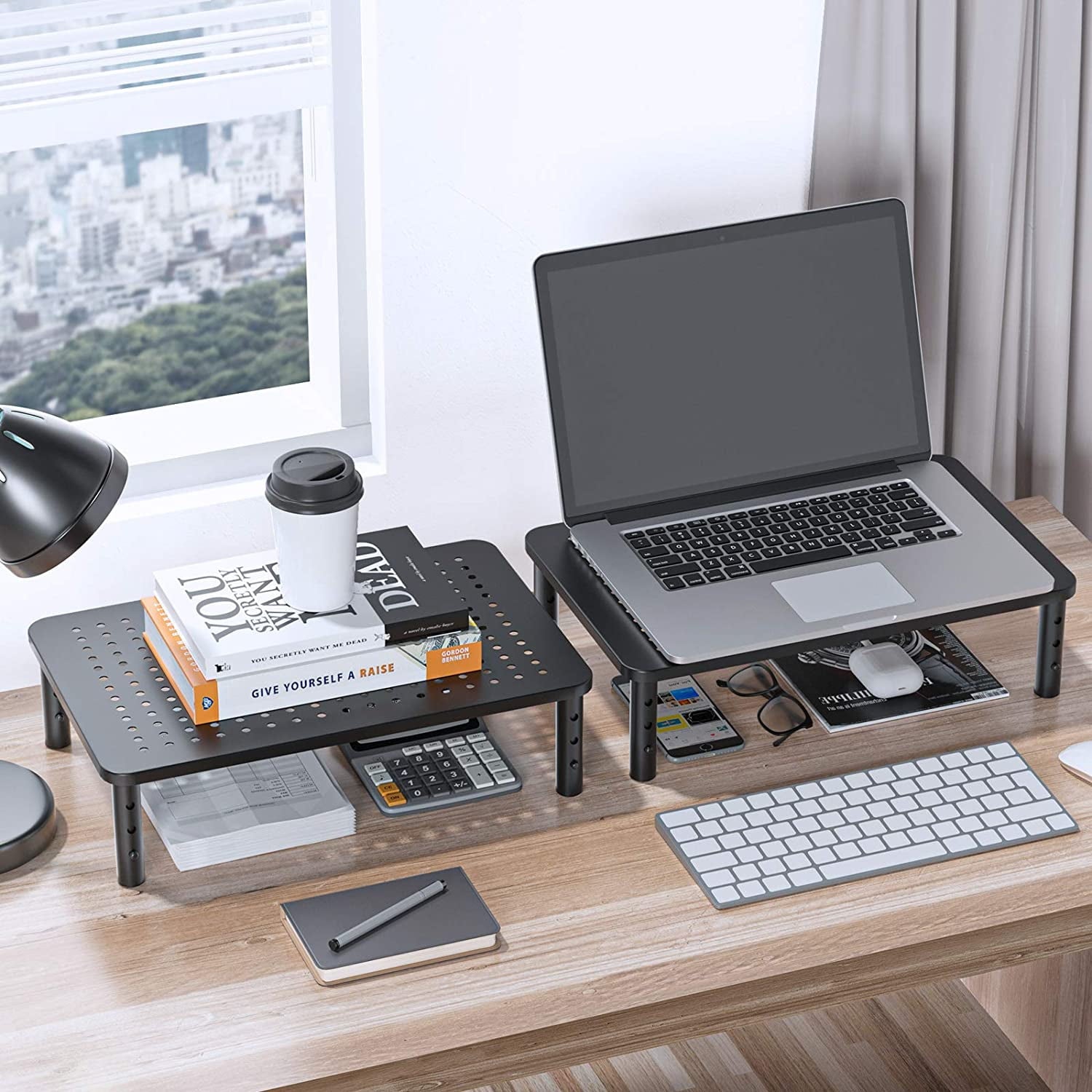 2-Pack Monitor Stand Riser with 3 Height Adjustable and Mesh Platform for Laptop, Computer, Printer - Image 2