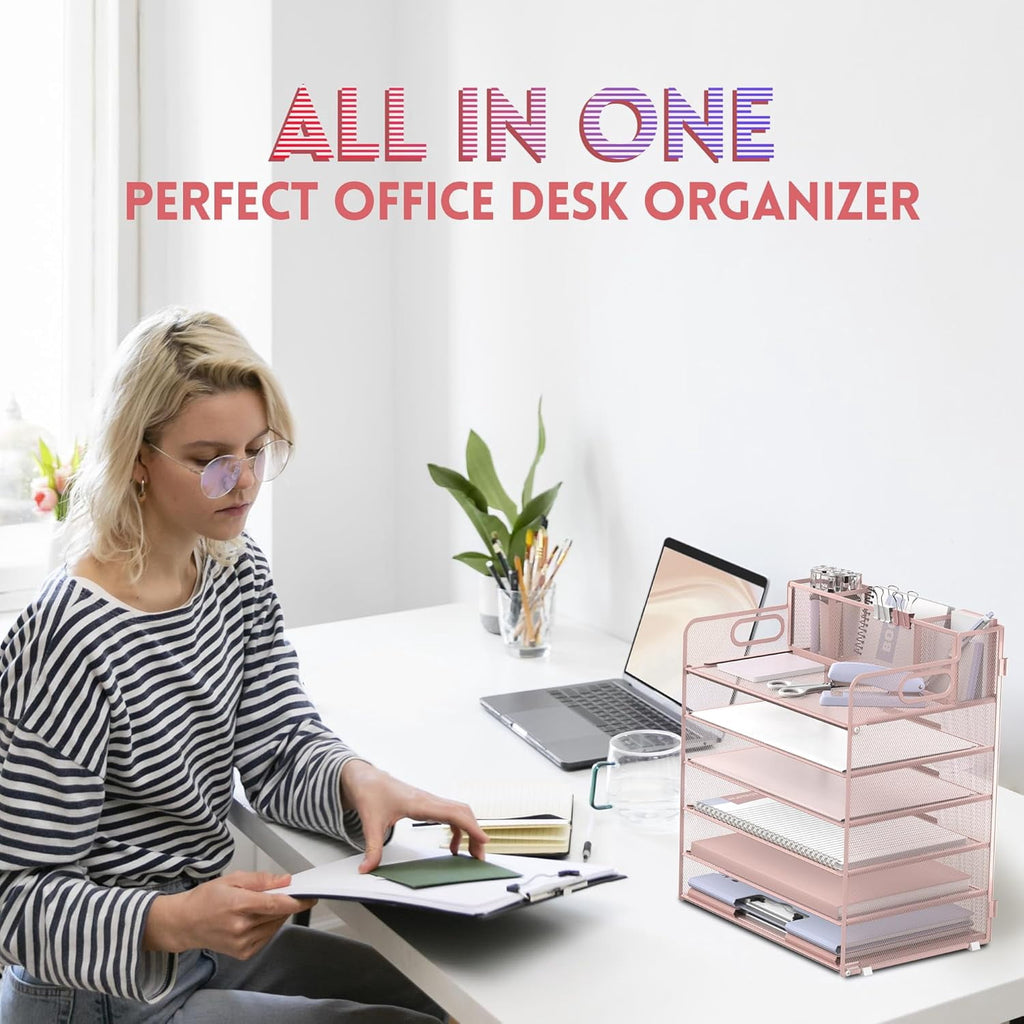 6-Tier Desk Organizer, Metal Desktop Paper Tray with 3 Pen Holders, Desktop Organizer for Home Office - Image 5