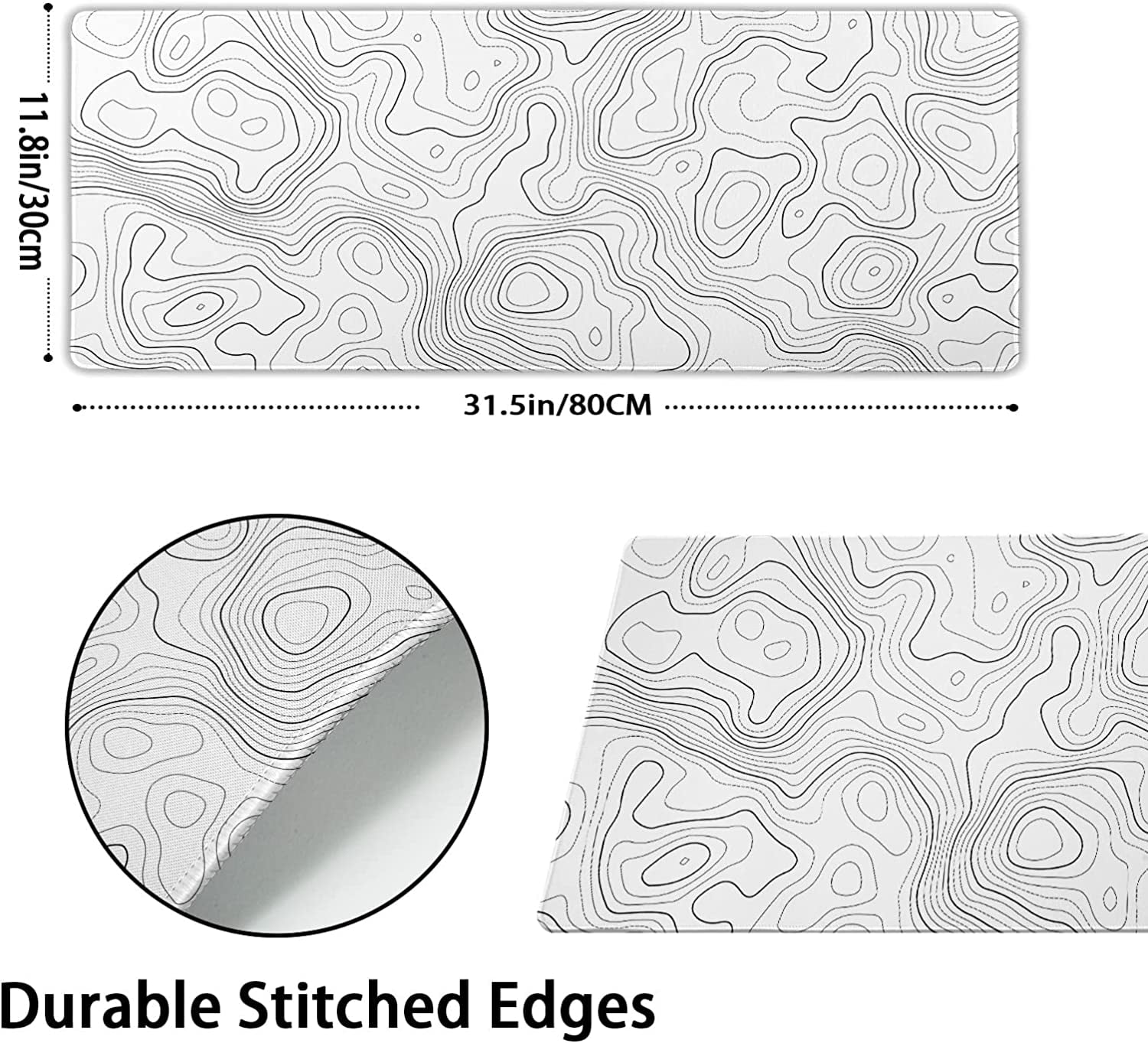 Topographic Map Large Mouse Pad XL White Lines Contour Geographic Extended Large Desk Mat Big Desk Pad 80X30 CM Non-S... - Image 2