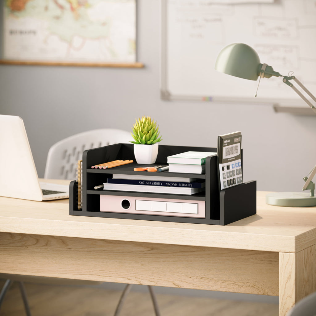 3-Tier Desk Organizer with 2 Side Mail Sorter Slots, Office Letter Tray, Black - Image 2