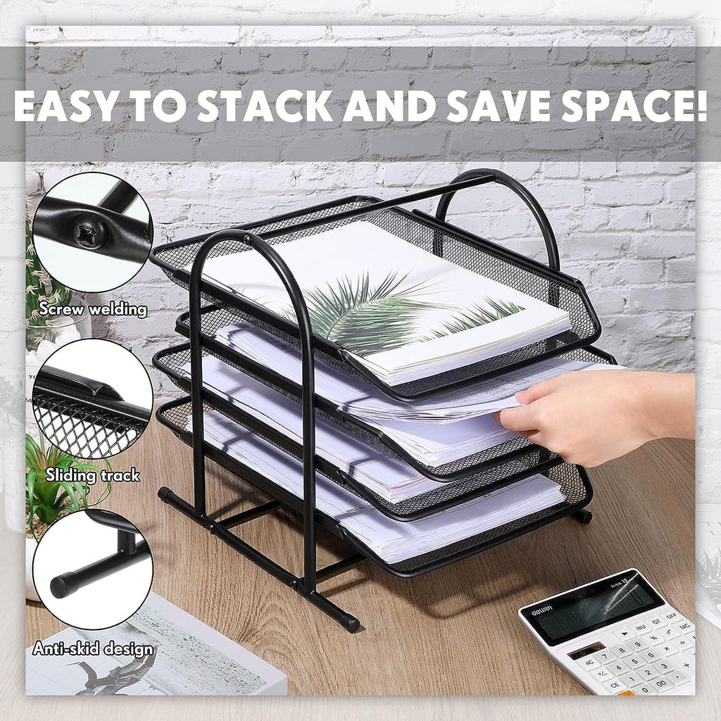 KABB Paper Organizers for Desk Mesh Letter File Tray Organizer with 4 Sliding Trays Black Stackable Desktop Document Storage Shelf Rack for - Image 4