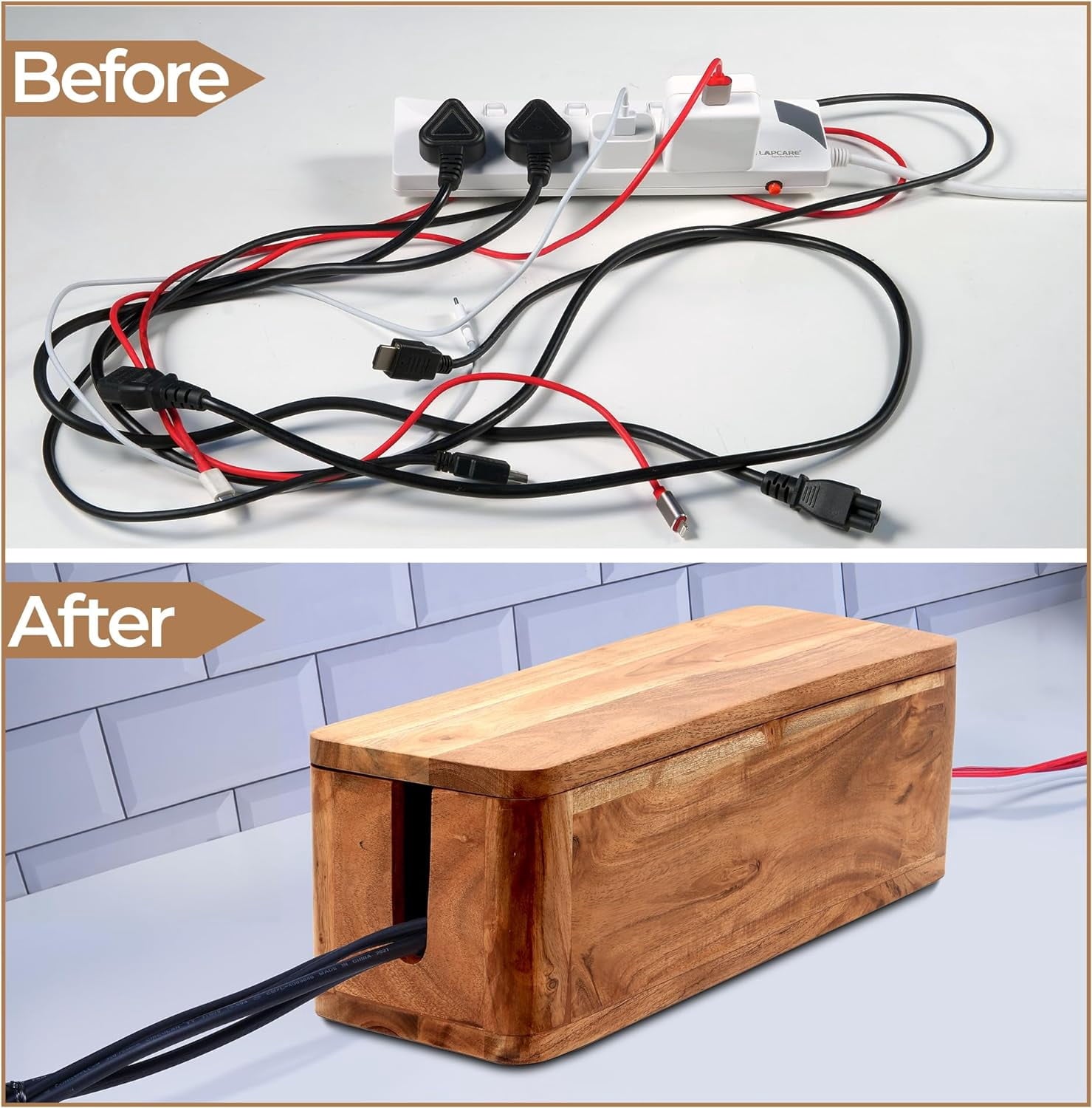 Large Cable Management Box - Acacia Wood Cable Organizer Box and Power Strip Box for Electrical Cord Management - Des... - Image 4