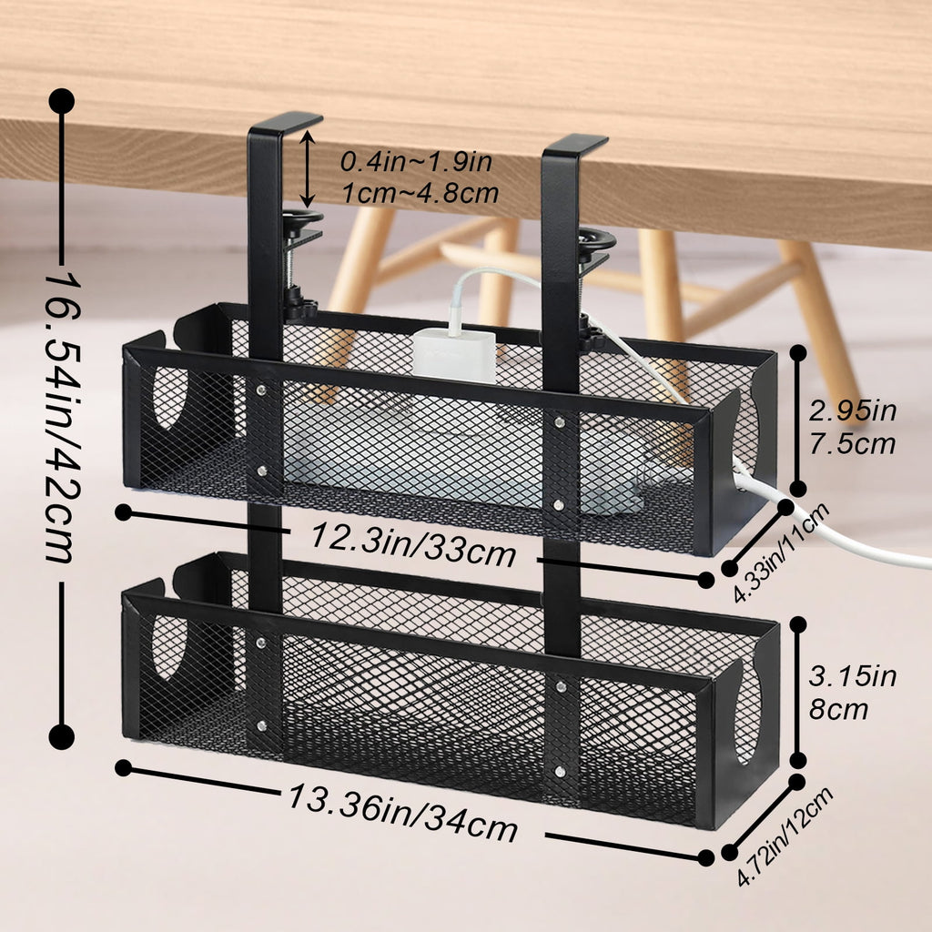 FT Hita 2 Layer Under Desk Cable Management Trays Black No Drill Cable Management Box With Clamp Cord Organizer for Office, Home,Gaming Desk - Image 2