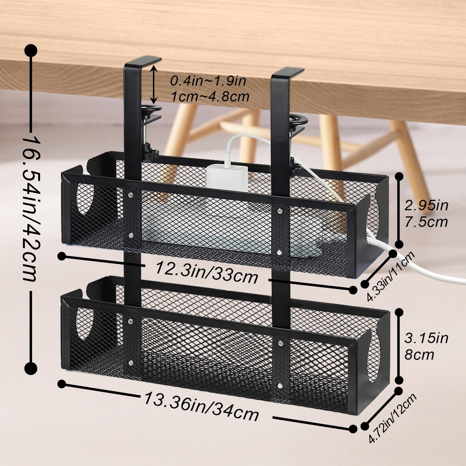 FT Hita 2 Layer Under Desk Cable Management Trays Black No Drill Cable Management Box With Clamp Cord Organizer for Office, Home,Gaming Desk - Image 2