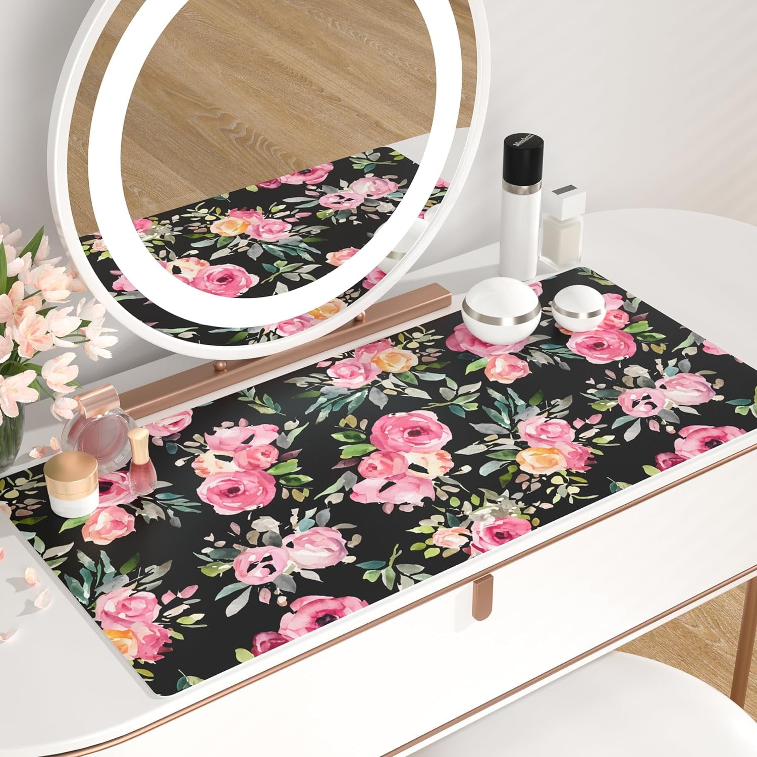Large Mouse Pad for Desk, Cute Desk Mat for Desktop, Women Girls Pink Flowers Office Décor Desk Accessories, PU Leather Waterproof Big Gamin - Image 3