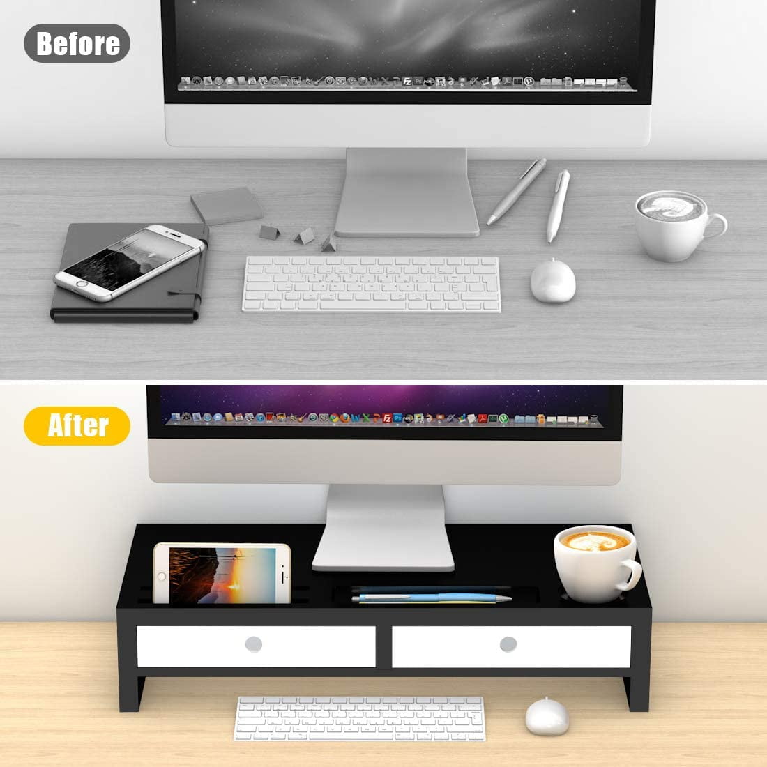 Monitor Stand Riser with Drawer - Desk Shelf Organizer Keyboard Storage Black 22" x 10.6" x 4.7" - Image 6