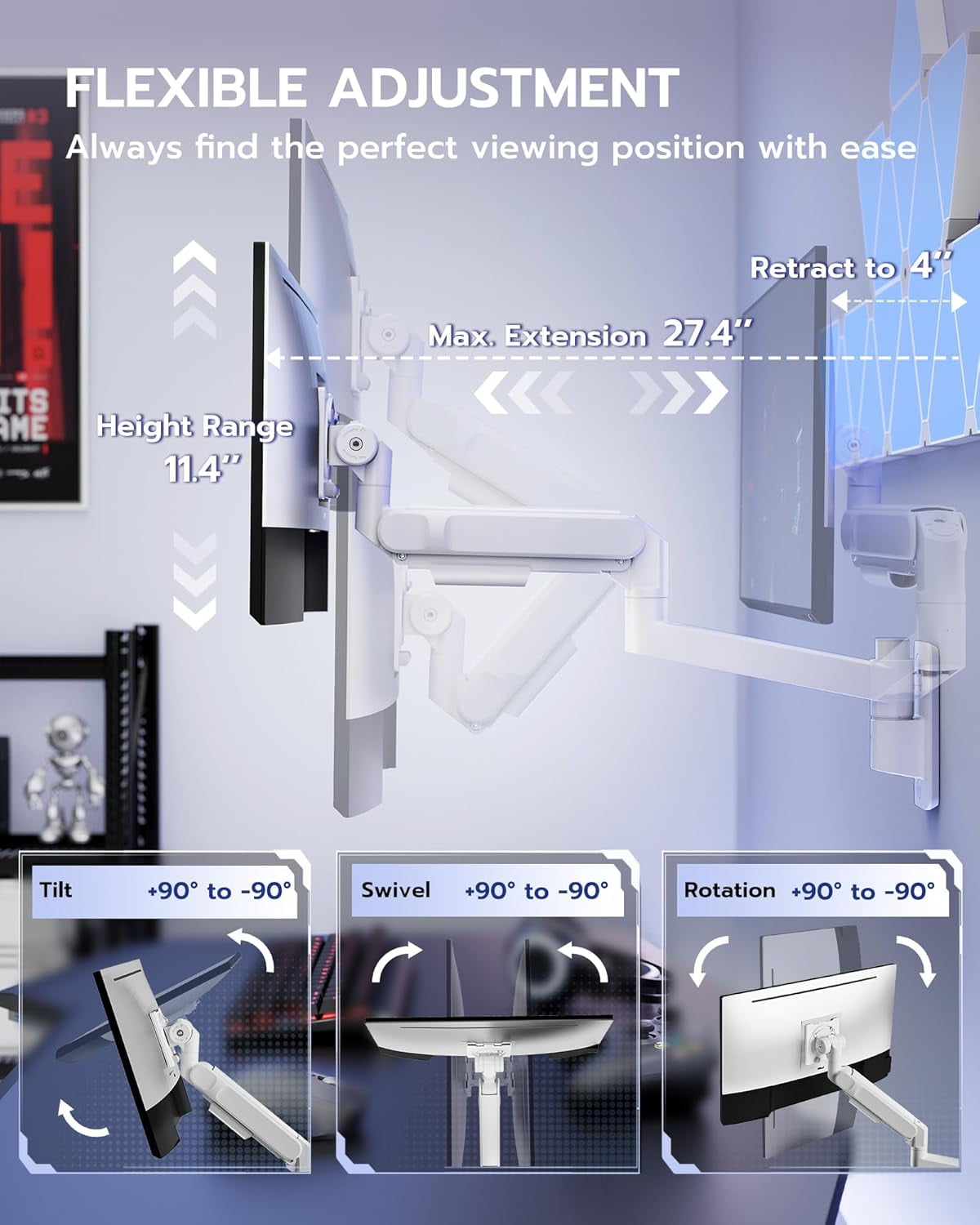 ARES WING Heavy Duty Wall Mount Monitor Arm for 24"-57" Ultrawide Screens, Gas Spring Wall Monitor Mount Holds up to 60 lb, Full Motion Adju - Image 2