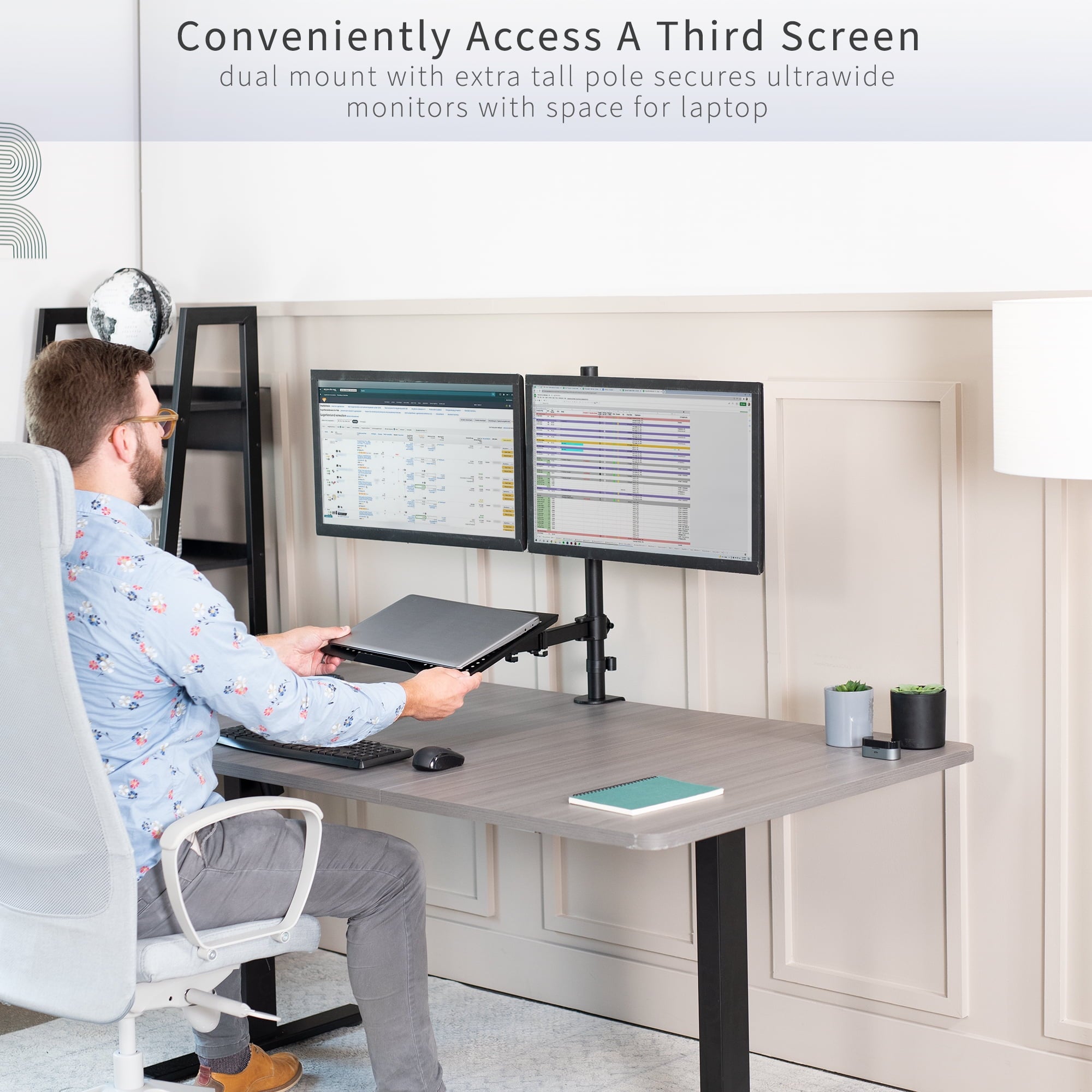 Dual 13" to 27" Monitor Mount with Laptop Holder, Tall Adjustable Stand - Image 5