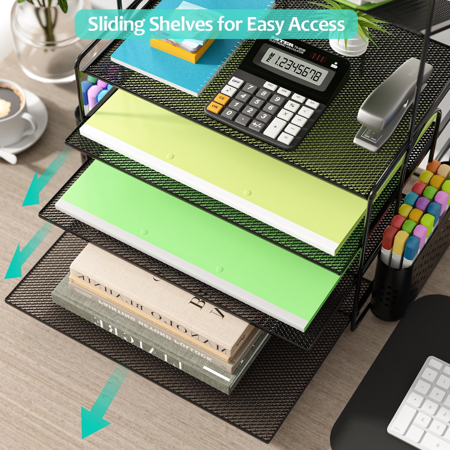 6 Tier Metal Desk File Organizer, Letter Tray Paper Organizer with Pen Holder, Black Desk Organizer - Image 5
