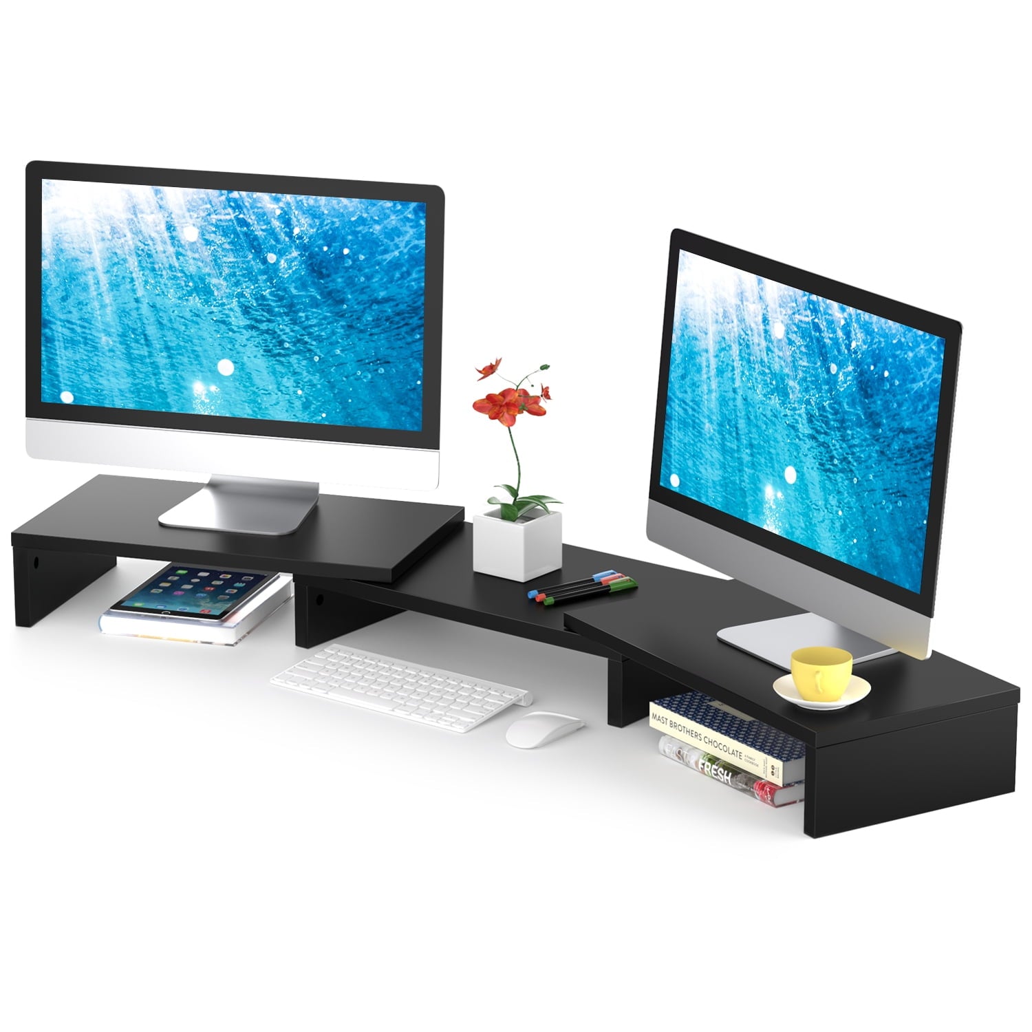 RTVR Dual Monitor Stand Riser Office Desktop Organizer Stand for 2 Monitors, Adjustable Length & Angle 3 Shelf Extra Long for TV Computer La - Image 2