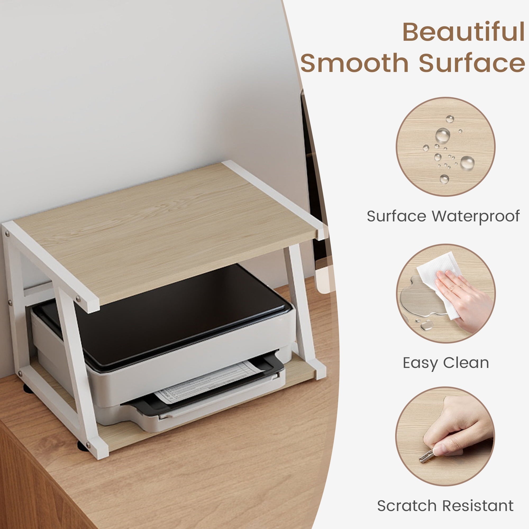 Printer Stand for Desk, 2 Tier Desktop Printer Shelf with Storage, Holder Stand Organizer for Home Office, Light Color - Image 3