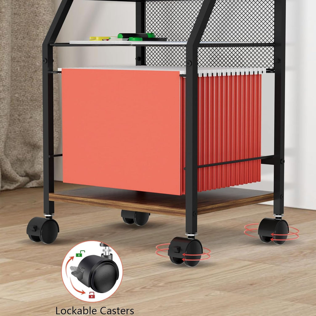 Rolling File Cart, 6 Tiers Under Desk Organizer on Wheels, Wood Planks and Mesh Cart with Hanging File Folders Rack and Paper Trays, Black - Image 6