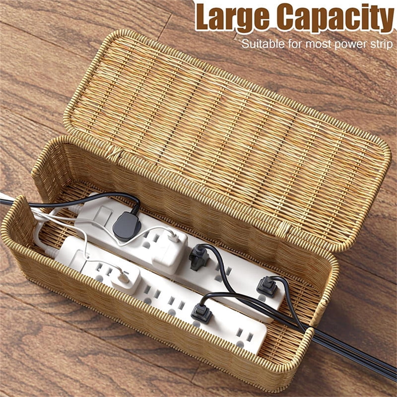 Handmade Cable Management Box, Durable Rattan Cable Organizer With Lid, 2 Open Slots Cords Hider Box, Under Desk Cord Organizer for TV Compu - Image 5