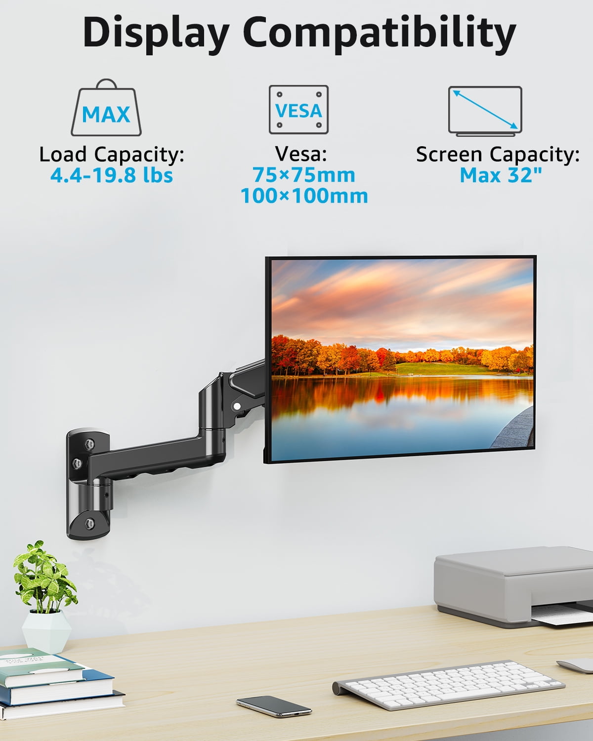 HOMOUNT Single Monitor Wall Mount for Max 32 Inch Computer Screen, Gas Spring Monitor Arm Holder Support 4.4-19.8lbs, Full Motion Adjustable - Image 6