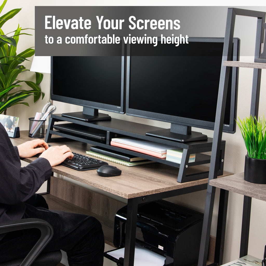 Mind Reader 2-Tier MDF Double Monitor Stand, Dual Screen Riser with Storage Shelf, Black - Image 2