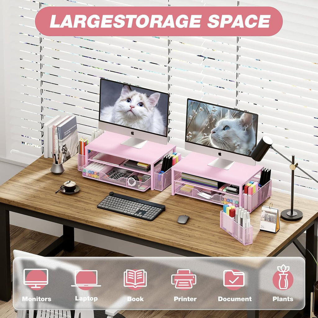 and Accessories, 2-Tier Computer Monitor Stand Riser with Drawer and 2 Pen Holders, Laptop Stand, Office Desk Accesso... - Image 4