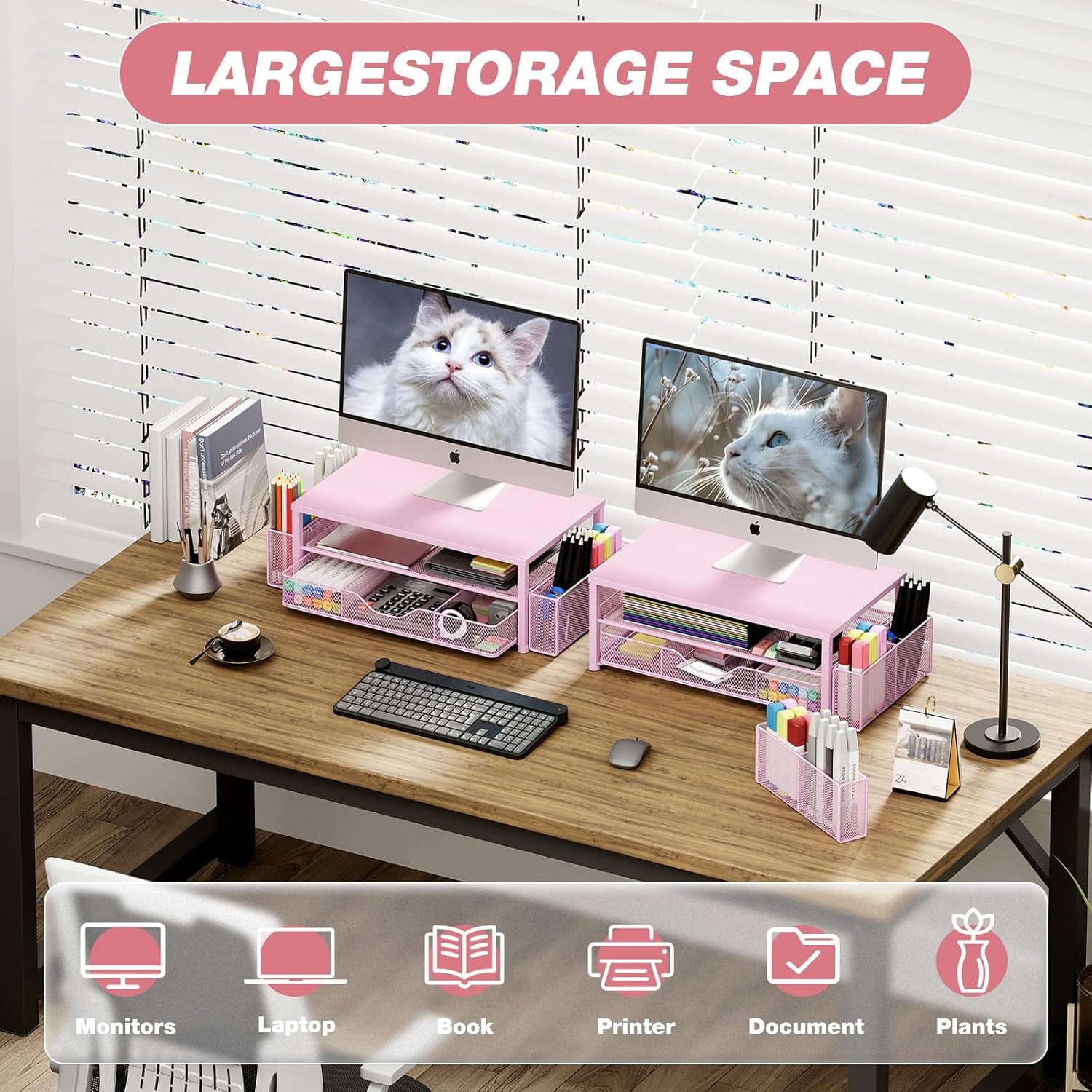 and Accessories, 2-Tier Computer Monitor Stand Riser with Drawer and 2 Pen Holders, Laptop Stand, Office Desk Accesso... - Image 4