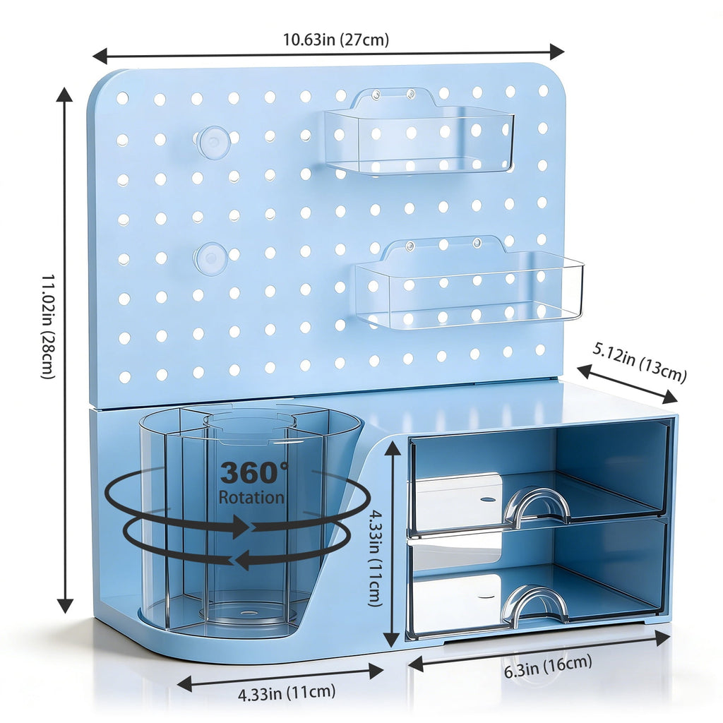 Desk Organizer, Small 2 Drawer Unit and Pen Holders, Multi-Purpose Pegboard organizer For Home Office, Blue - Image 2
