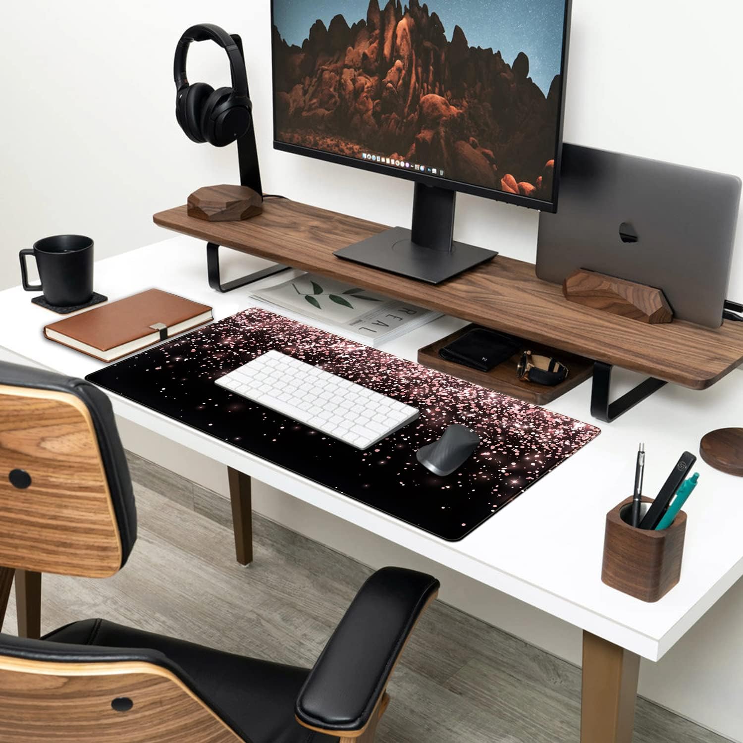 Rose Gold Glitter Black Desk Mat Extended Mouse Pad XXL Office Desk 31.5x15.7 in Accessories for Women Girl Gamer Ful... - Image 3