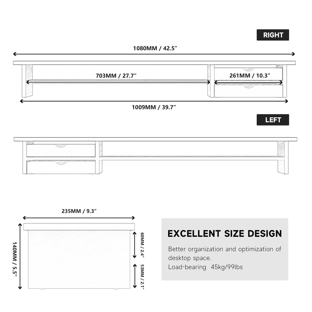 Dual Monitor Stand, 42.5inch Monitor Riser with Acrylic Drawer - Image 2