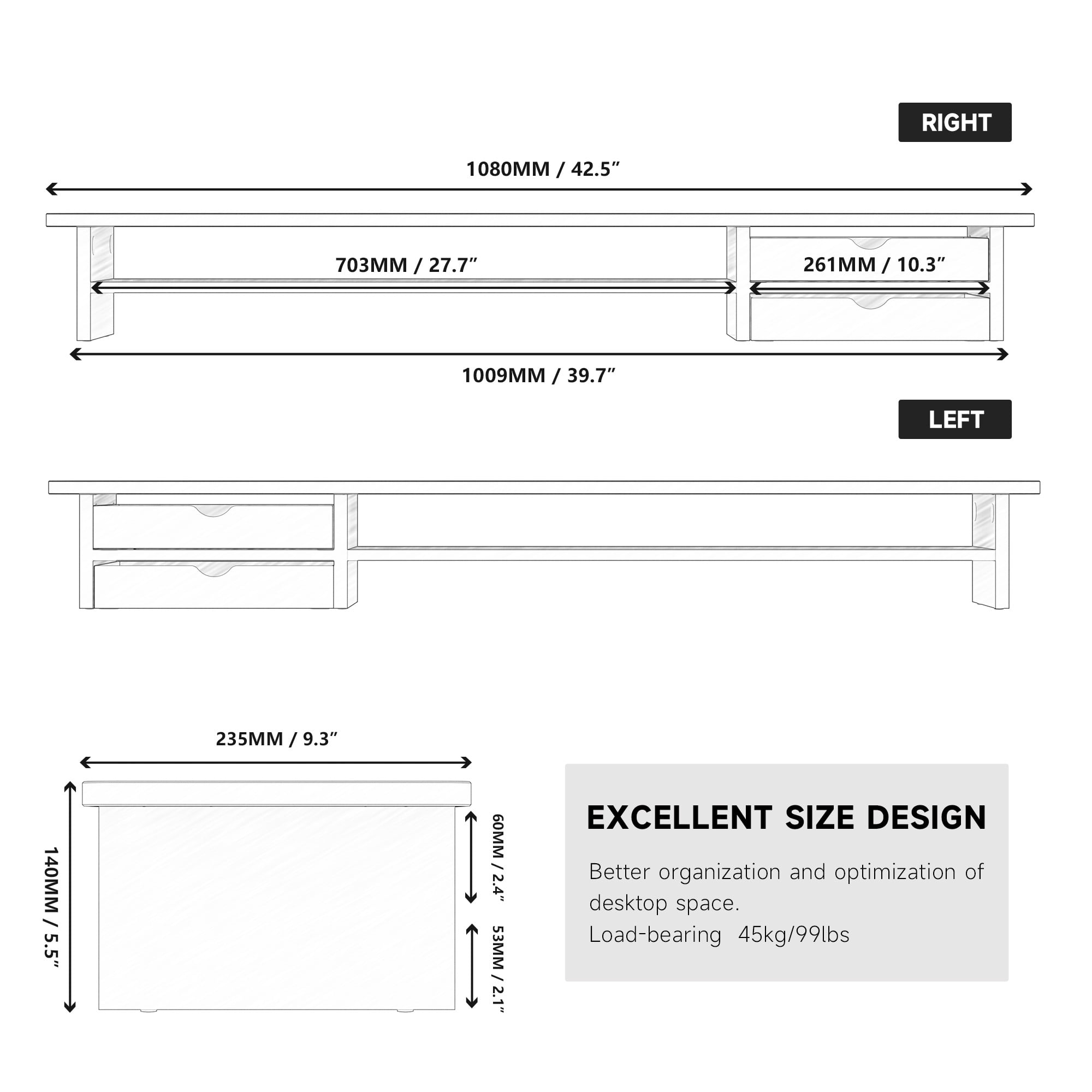 Fenge Monitor Stand, Dual Monitor Riser, 42.5inch Large Desk Computer Monitor Stand Riser with Drawer - Image 2