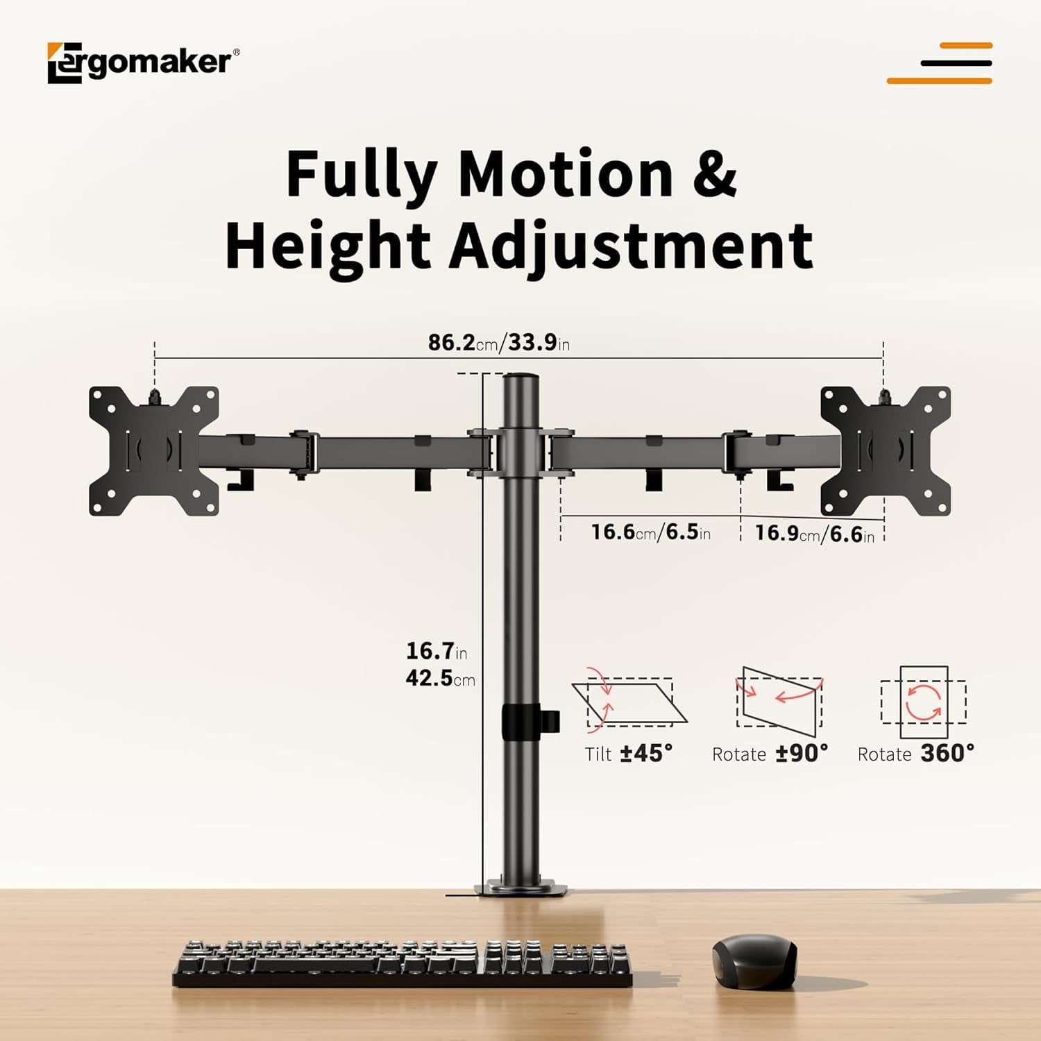 Dual Monitor Mount for Desk, Stand Holds 2 Computer Screens Fits 13" to 27", Heavy Duty Fully Adjustable Arm with C-Clamp and Grommet Base, - Image 2