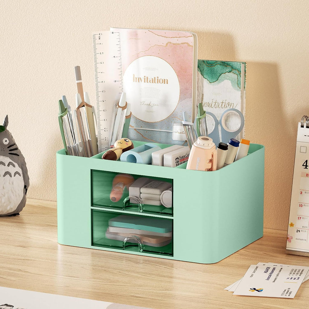with 2 Drawer, Multi-Functional Plastic cil Holder for Desk, Desk s and Accessories with 5 Compartments (Green) - Image 2