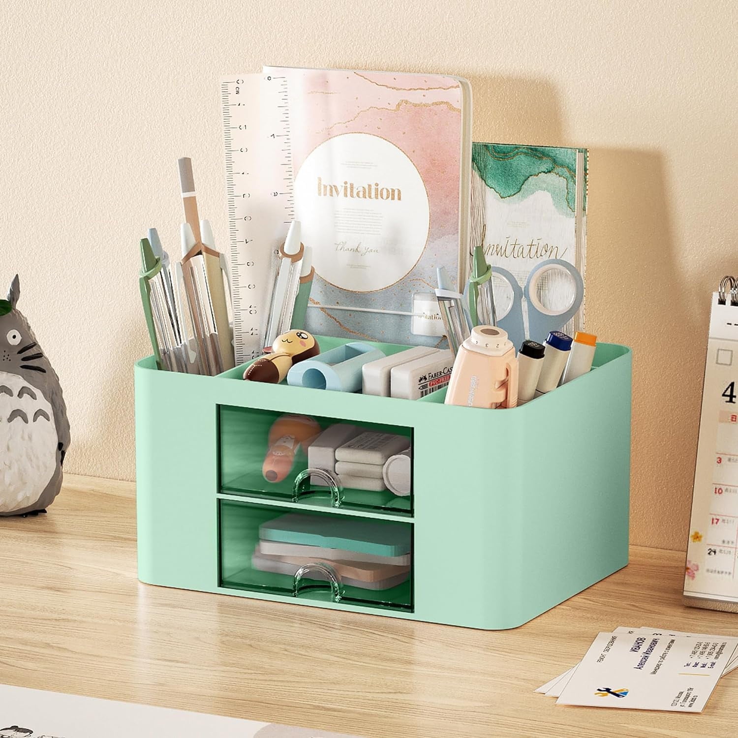 with 2 Drawer, Multi-Functional Plastic cil Holder for Desk, Desk s and Accessories with 5 Compartments (Green) - Image 2